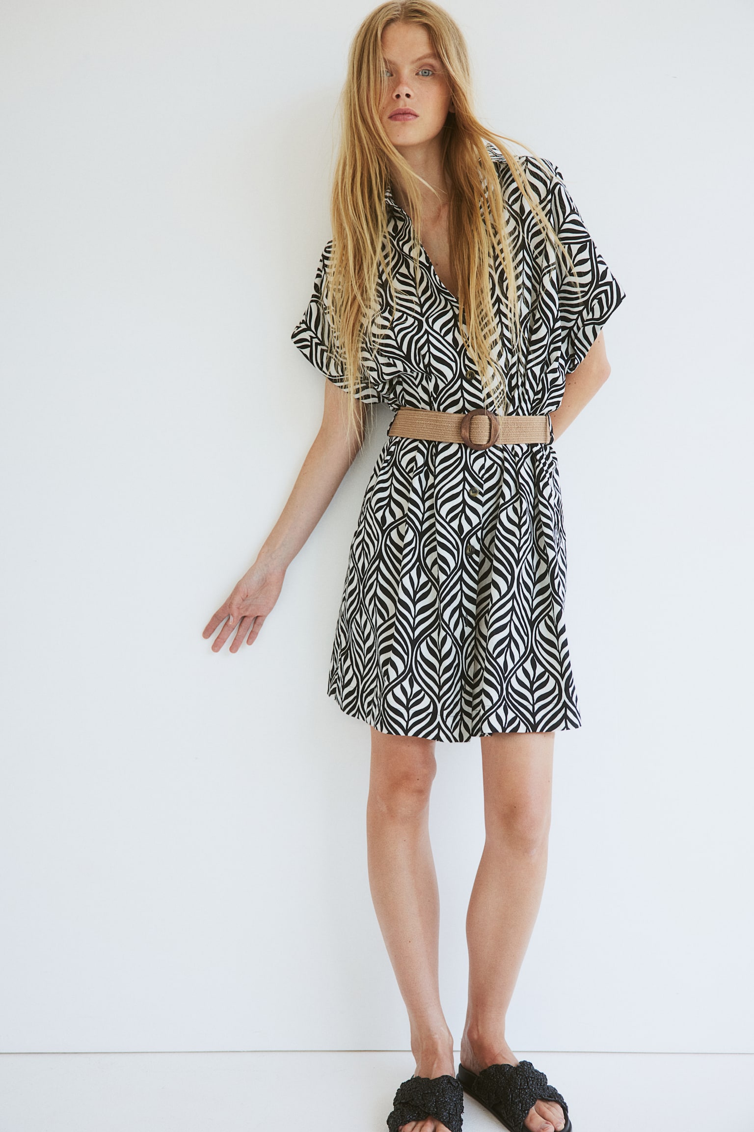 Belted Shirt Dress - Black/Leaf pattern/White/Blue pattern/Dark khaki green/White/Floral/White/Black - 6