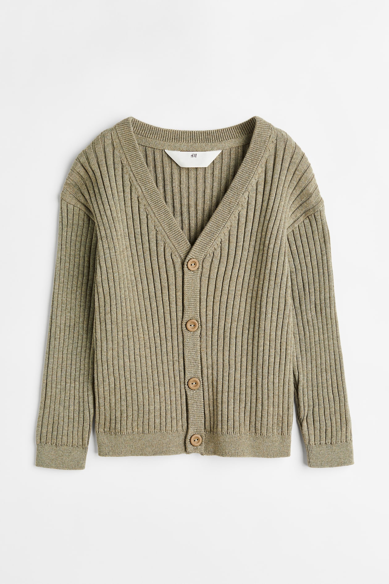 Rib-knit Cotton Cardigan - V-neck - Long sleeve - Khaki green - Kids ...