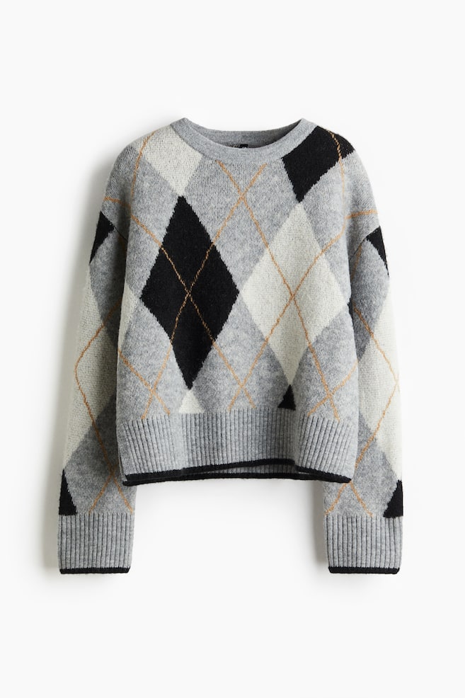 Jacquard-knit jumper - Grey marl/Argyle pattern - 1