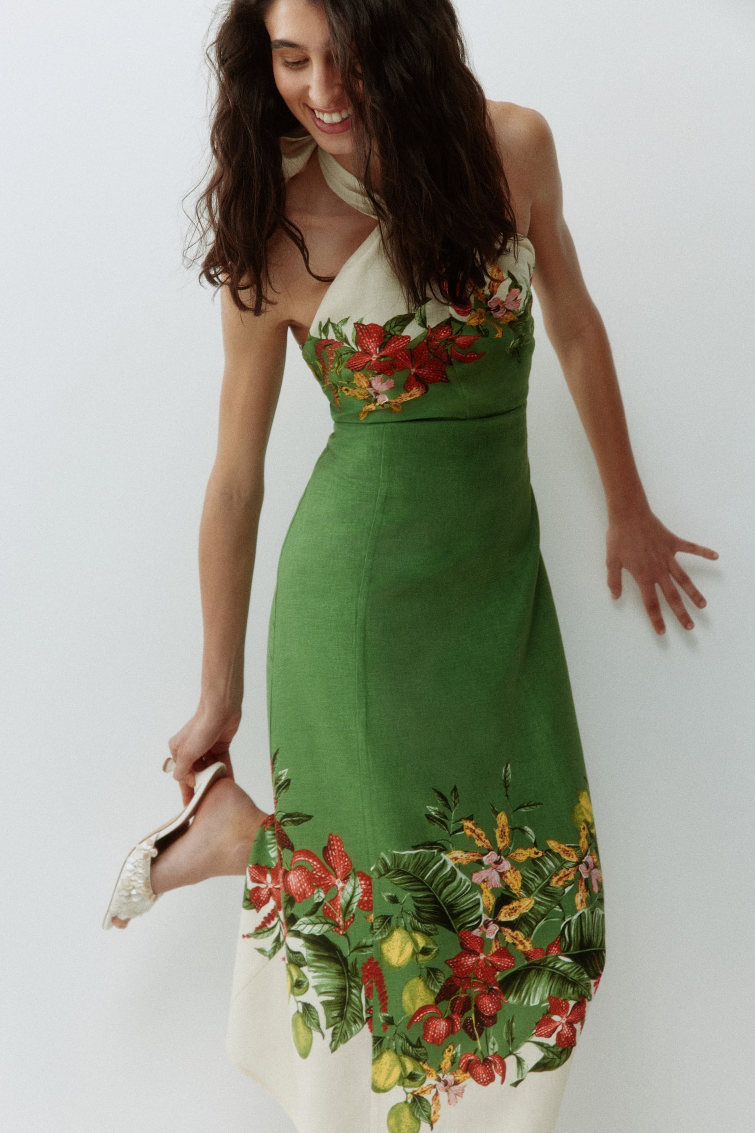Linen-blend halterneck dress - Green/Flowers - 6