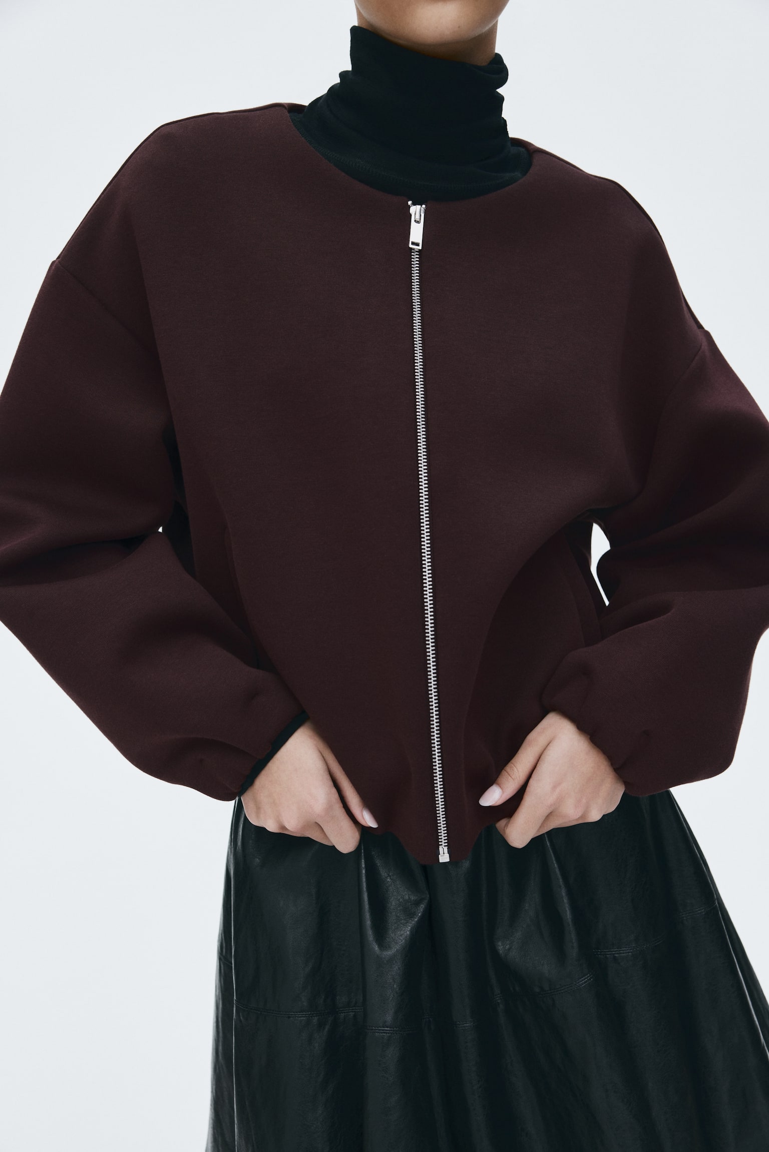 Sweatshirt i scuba med dragkedja - Vinröd/Gråmelerad/Svart - 3