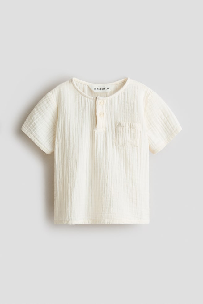 Cotton Muslin Henley Shirt - Cream/Dusty blue - 1