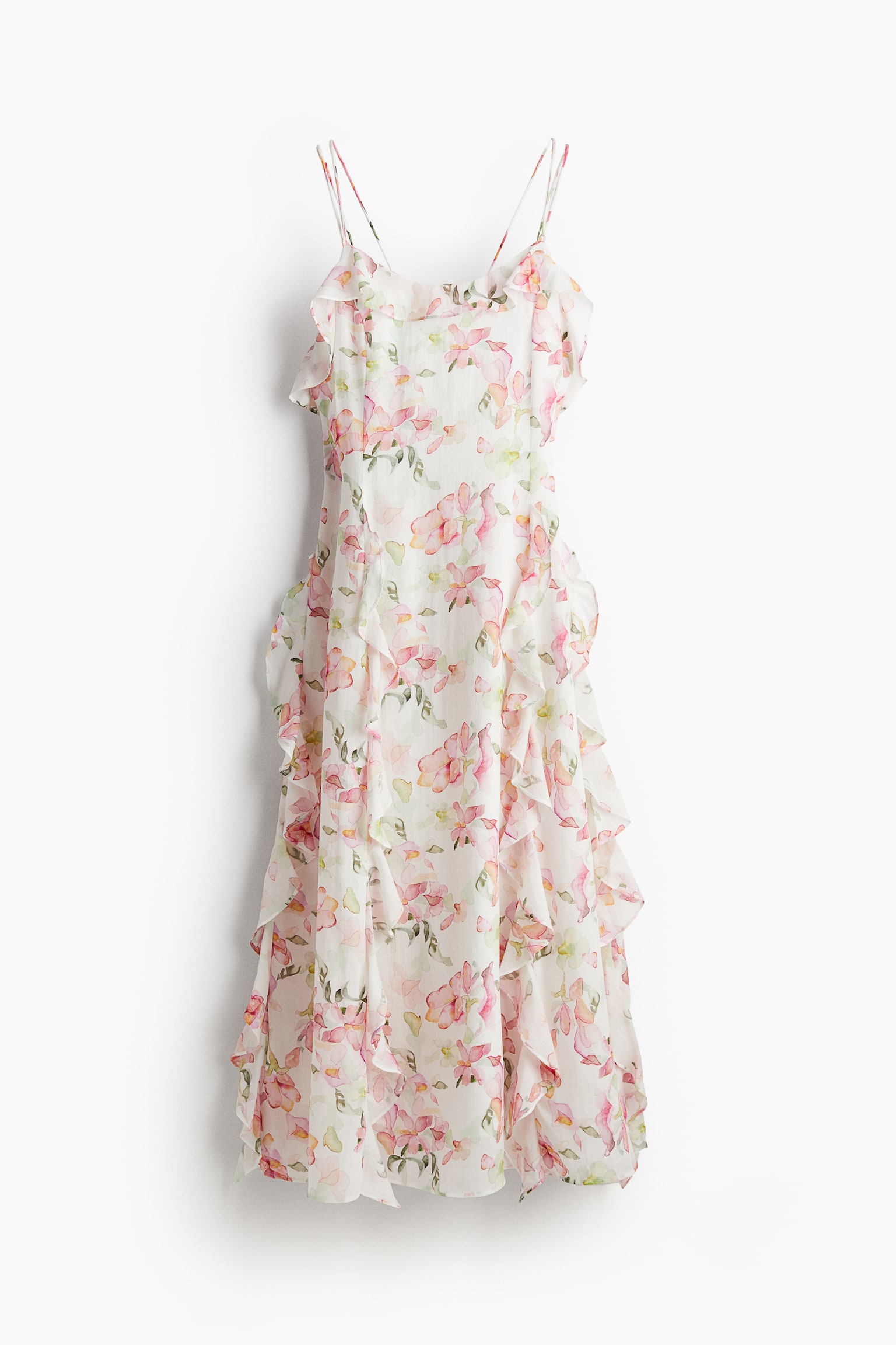 Flounce Trim Strappy Dress - White/Floral/Powder pink - 2