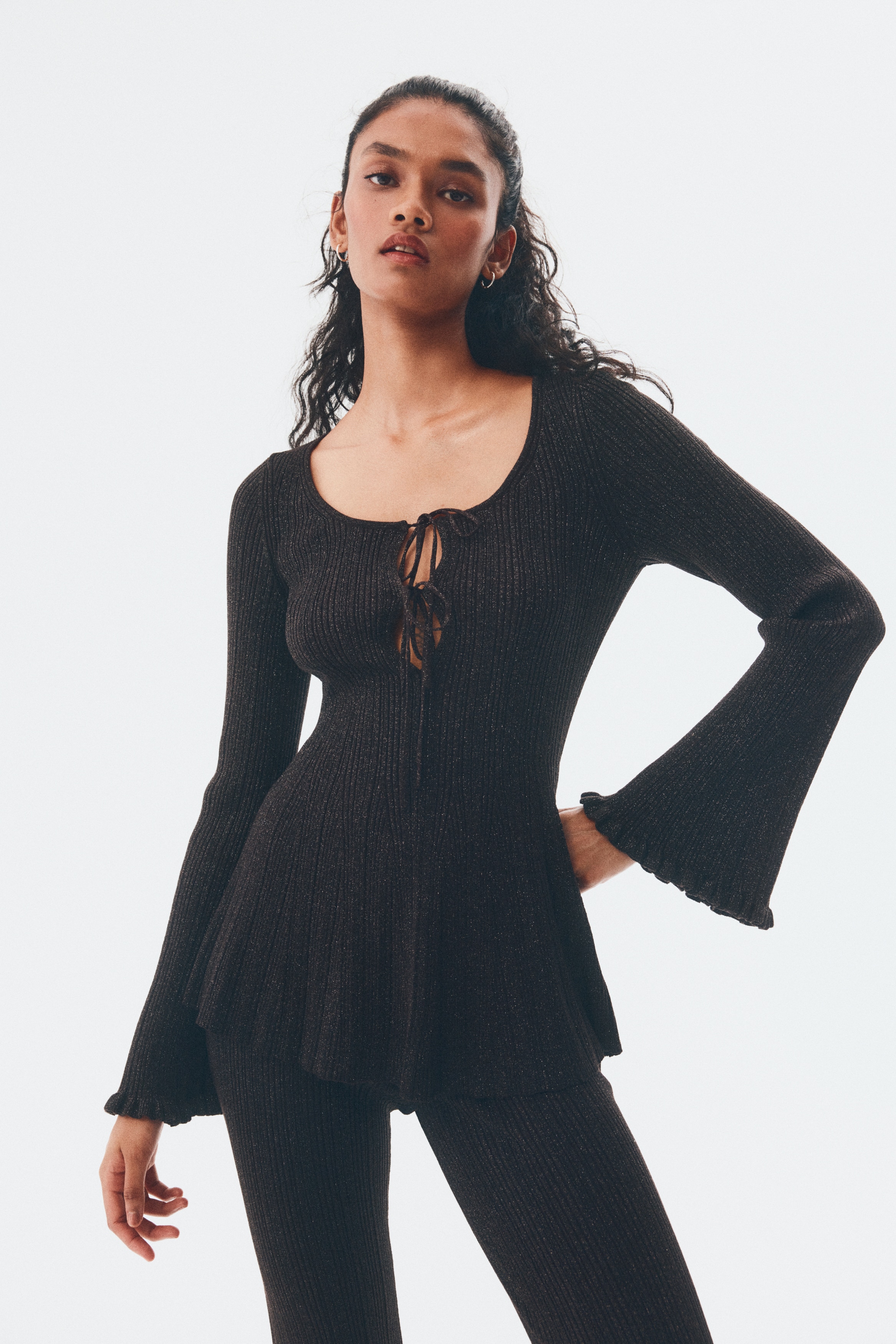 H & M - シマーリブニットトップス - ブラウン