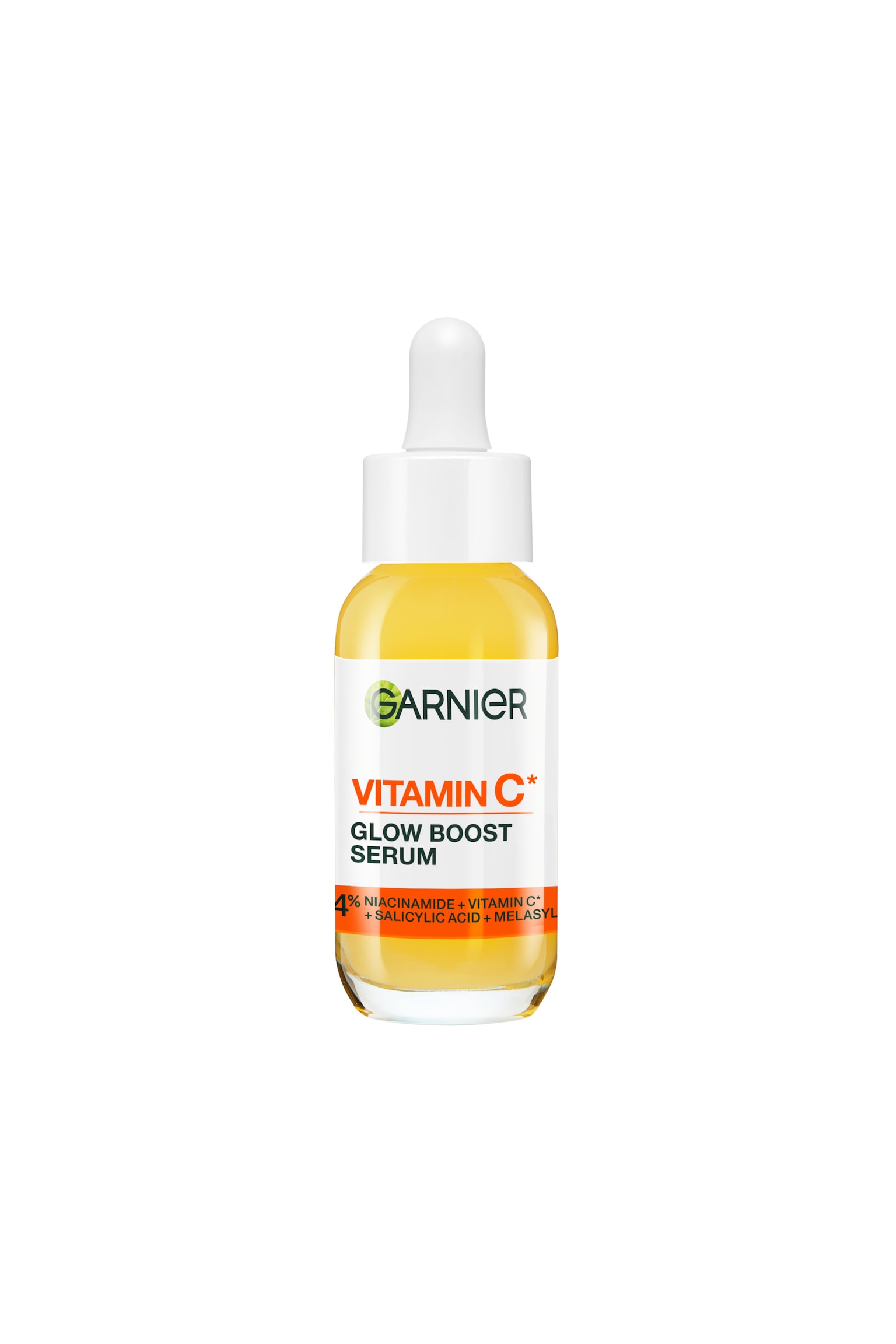 En flaska Garnier Vitamin C Glow Boost Serum stÃ¥r upprÃ¤tt och visar en klar glasbehÃ¥llare fylld med en gul vÃ¤tska och fÃ¶rsedd med en vit droppkork. Den framÃ¥tvÃ¤nda vita etiketten visar varumÃ¤rket "Garnier" och "VITAMIN C* GLOW BOOST SERUM" i fet stil, med ett orange band lÃ¤ngst ner som beskriver viktiga ingredienser som niacinamid och salicylsyra. - 1