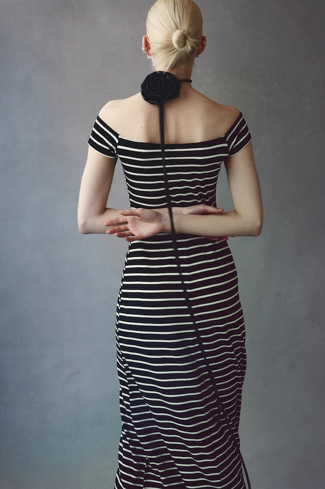 Rib-knit off-the-shoulder dress - Black/Striped/Black - 7