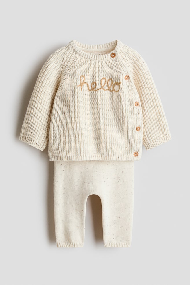 Zweiteiler aus Baumwollstrick - Cremefarben/Hello/Beige/Bär/Hellbeige/Gestreift/Hellbeige/Hello - 1