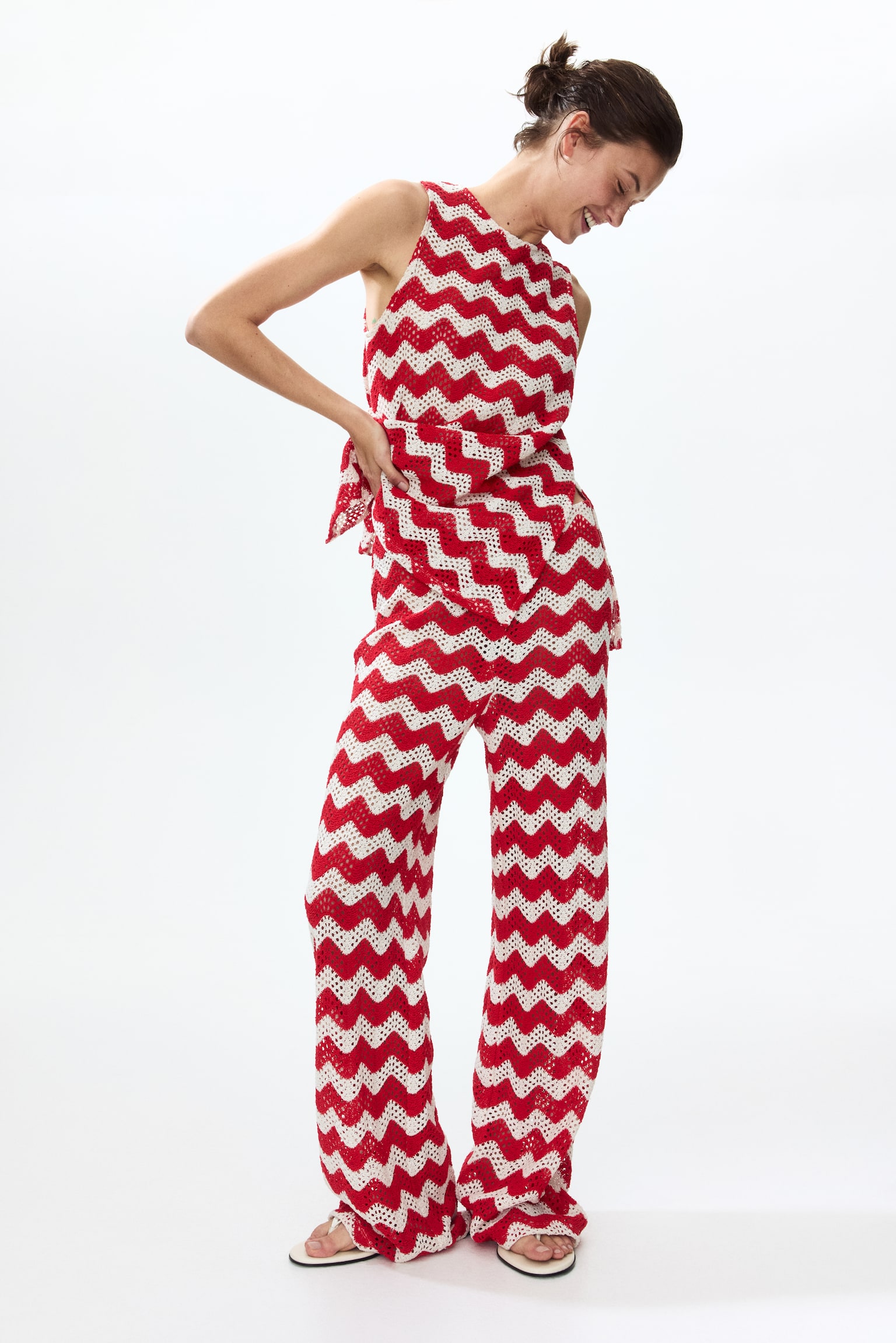 Crochet-look jacquard jersey top - White/Red striped - 3