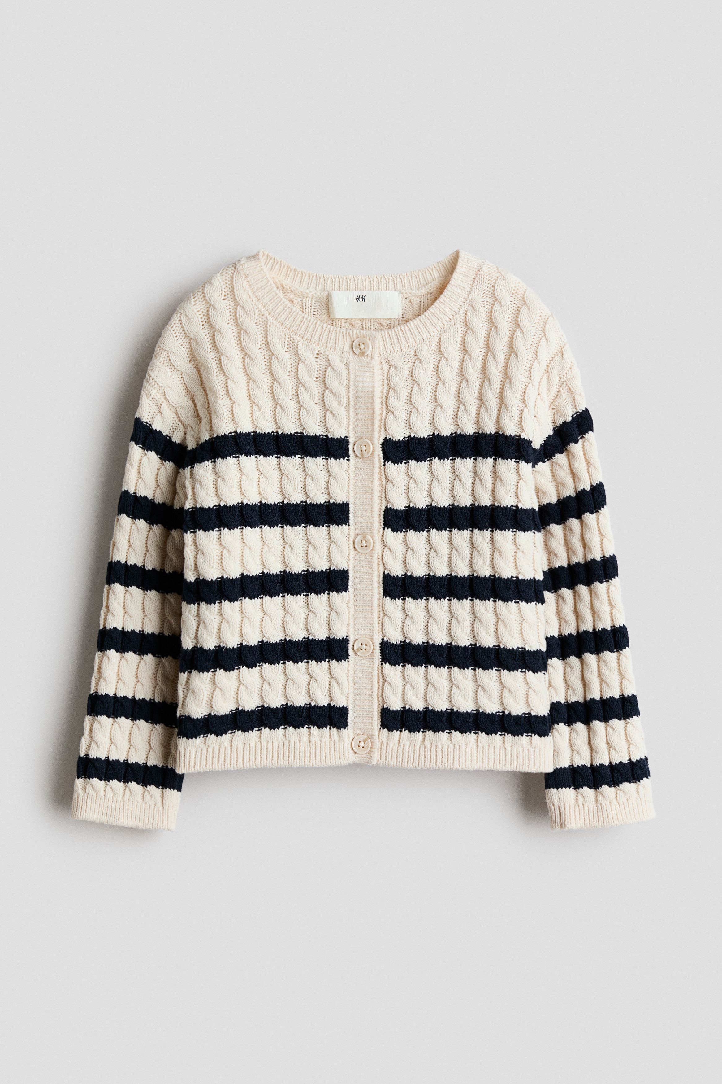 Flettestrikket cardigan - Lys beige/Stripet/Blå/Rosa