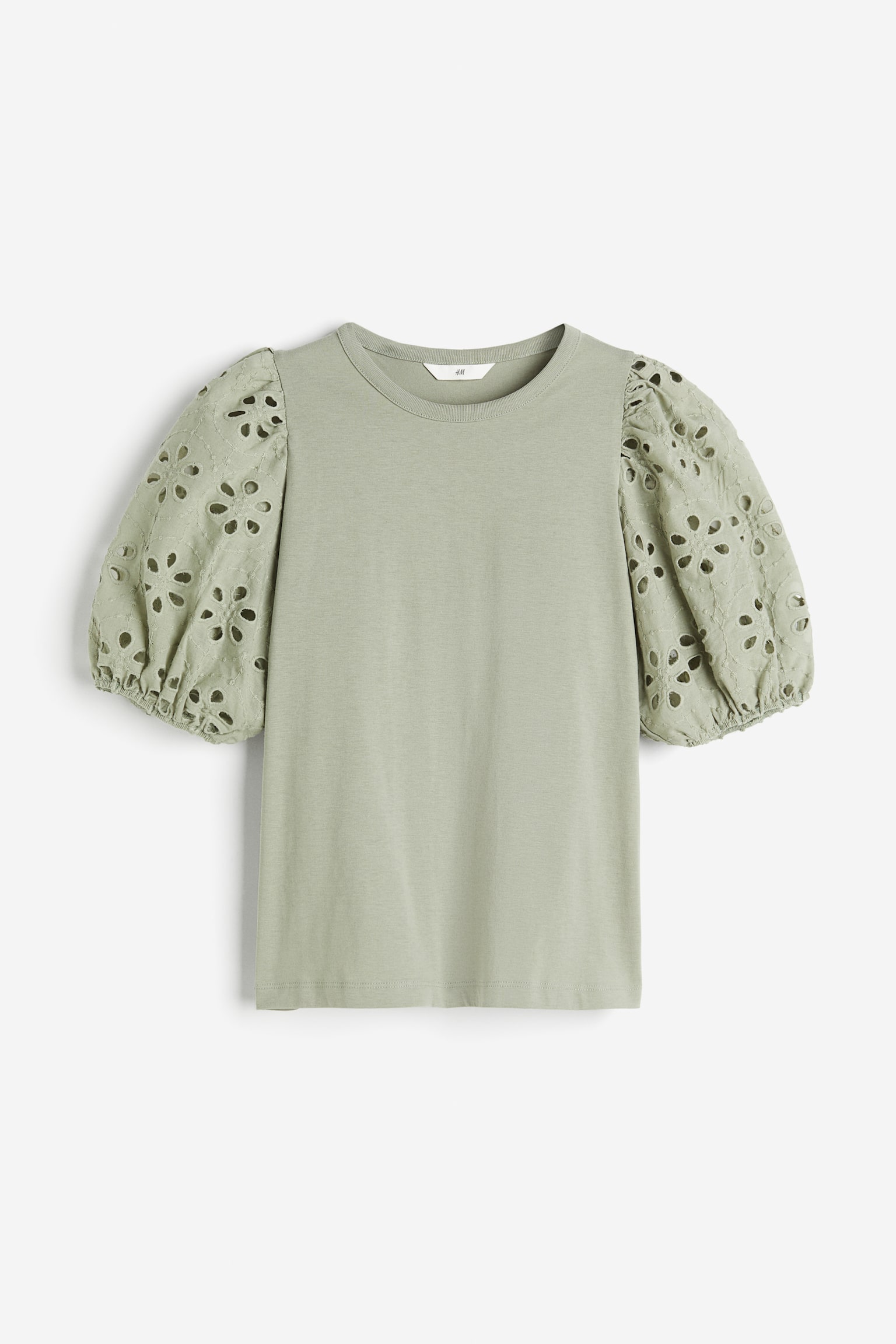 Broderie Anglaise Sleeve Top - Sage green/White/Black - 2