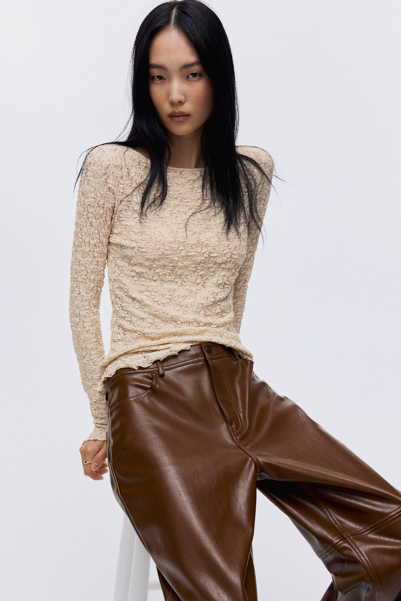 Lace-look jersey top - Light beige/Dark brown/Black - 4