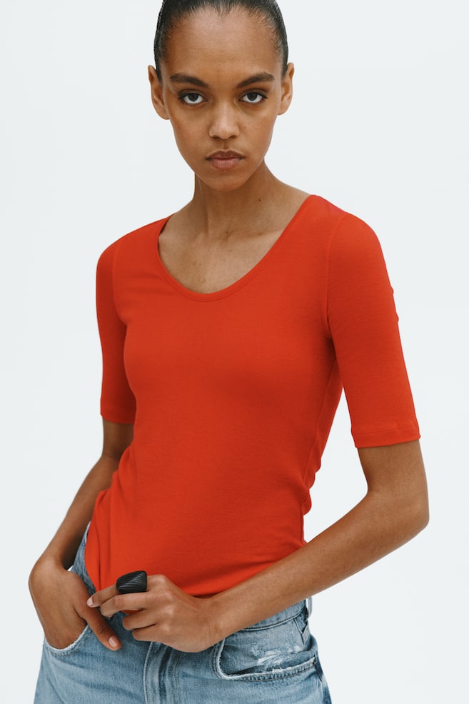 Shirt aus Pima-Baumwolle mit U-Ausschnitt-Rot - 3