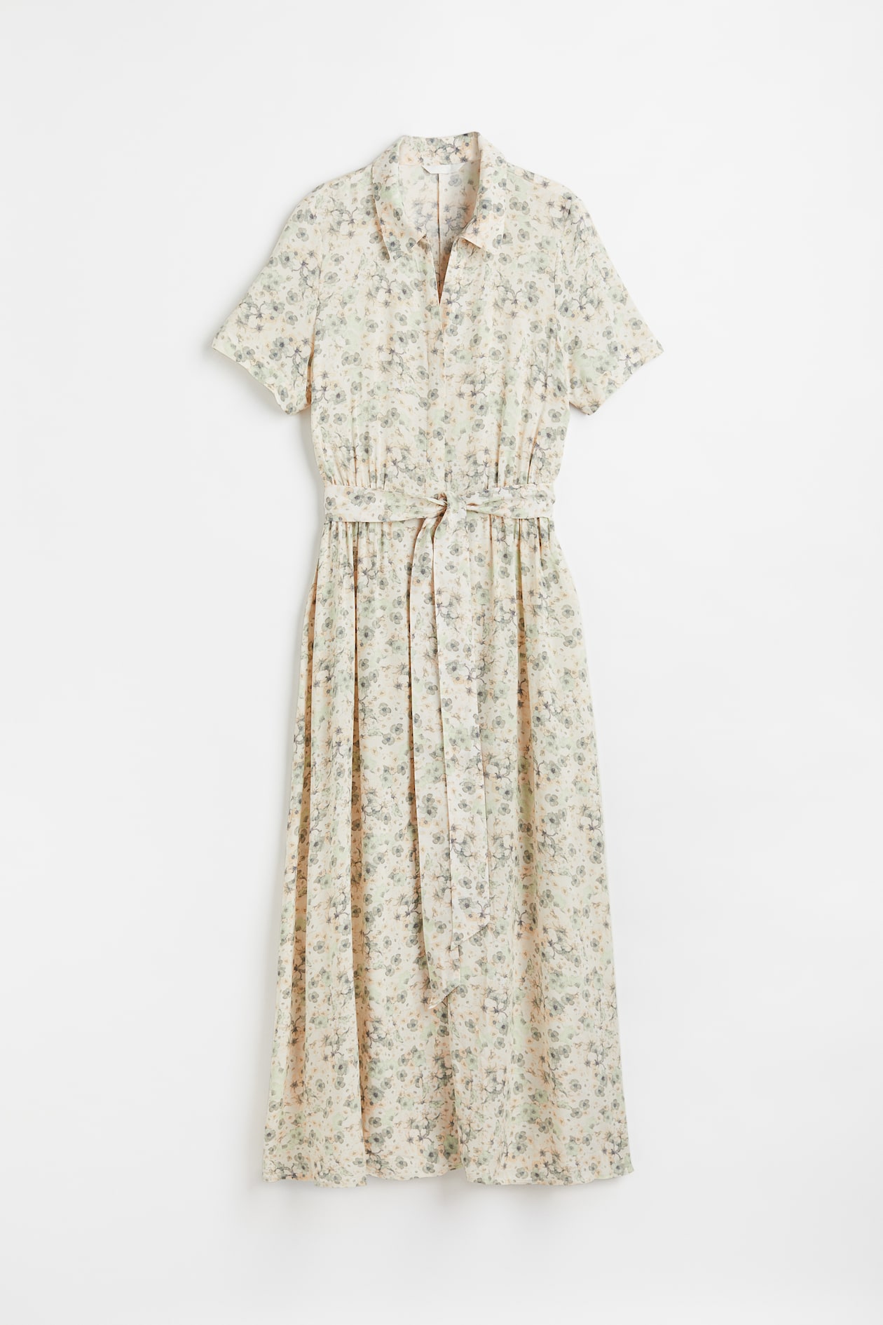 Tie Belt Shirt Dress - Short sleeve - Midi - Cream/small flowers ...