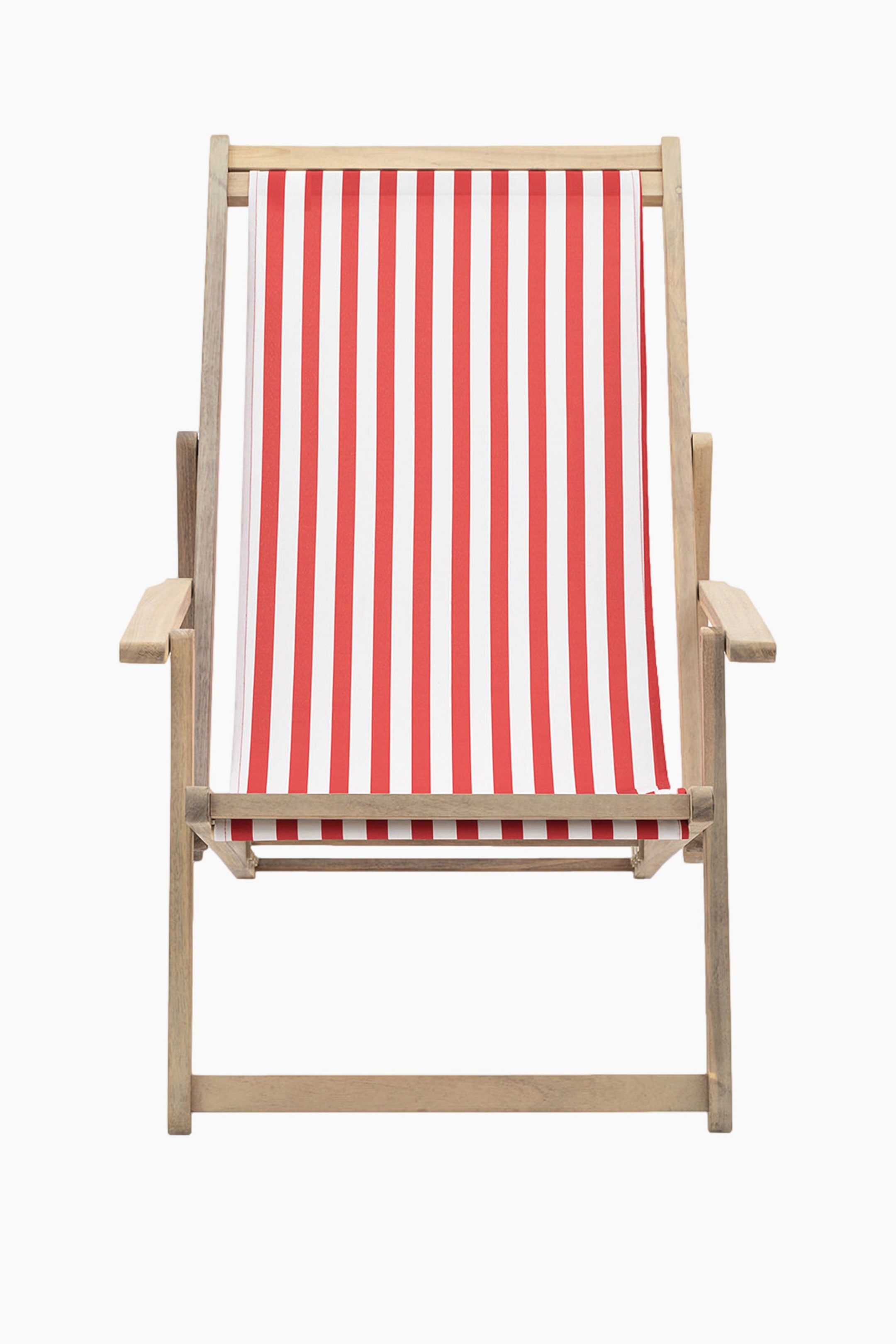 View larger image: A deckchair is facing forward, featuring a light wooden frame and a sling-style seat and back made of red and white vertically striped fabric.