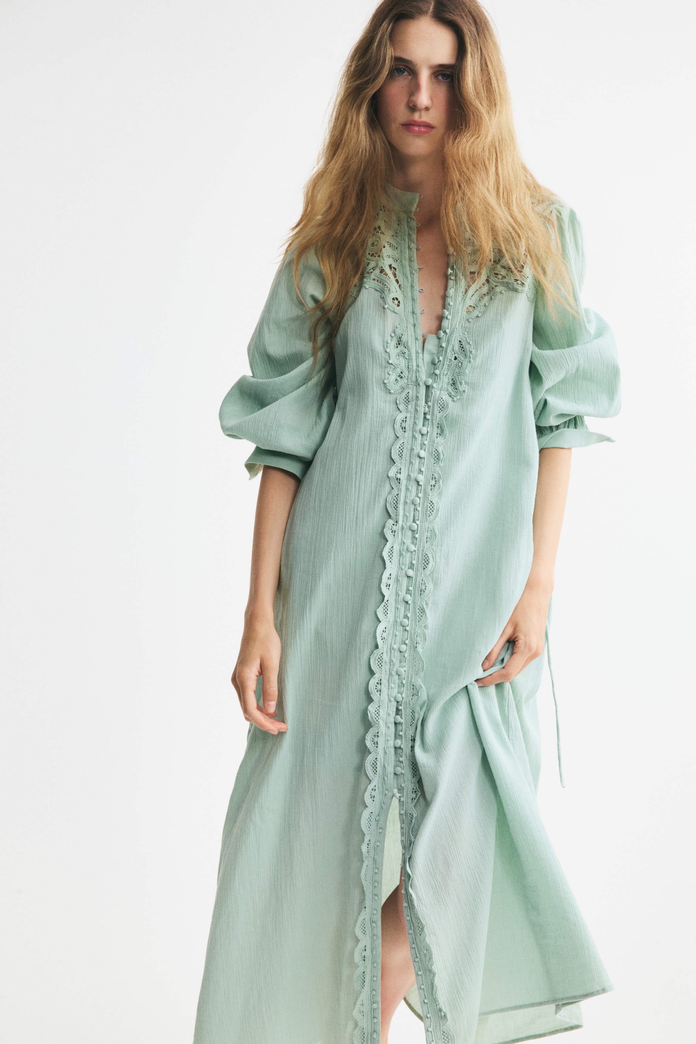 Lace-Detail Cotton Dress - Light turquoise/Light peach pink