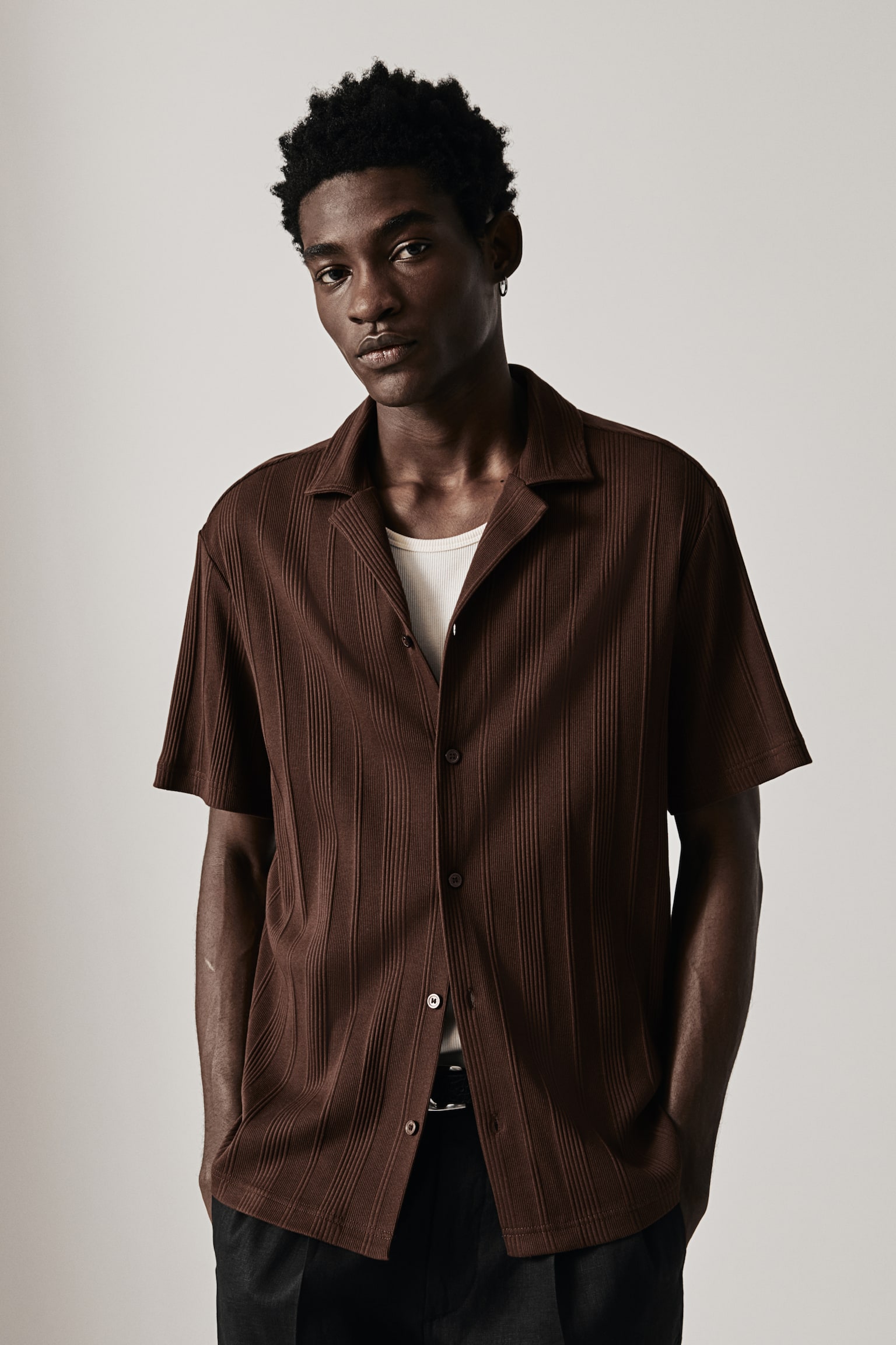 Regular Fit Ribbed resort shirt - Brown - 4