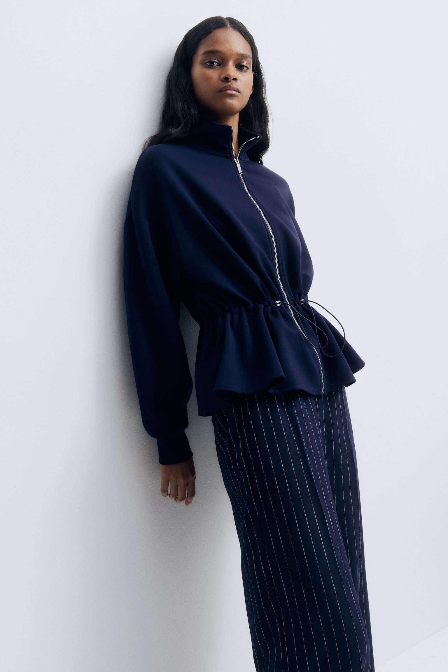 荷葉浪邊拉鍊運動衫 - 海軍藍/黑色 - 2