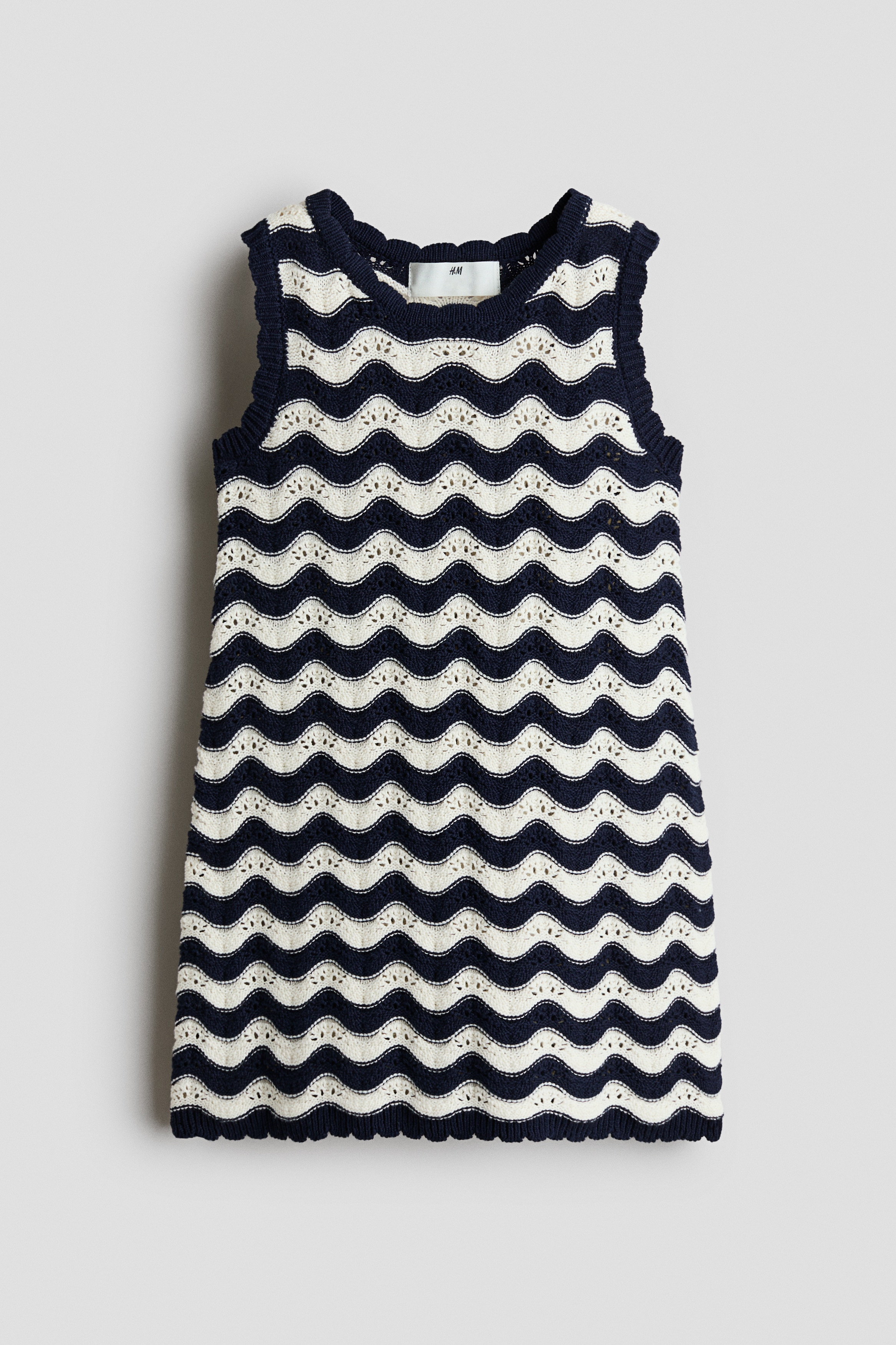 Appliquéd hole-knit dress - Navy blue/Striped/Cream/Strawberries