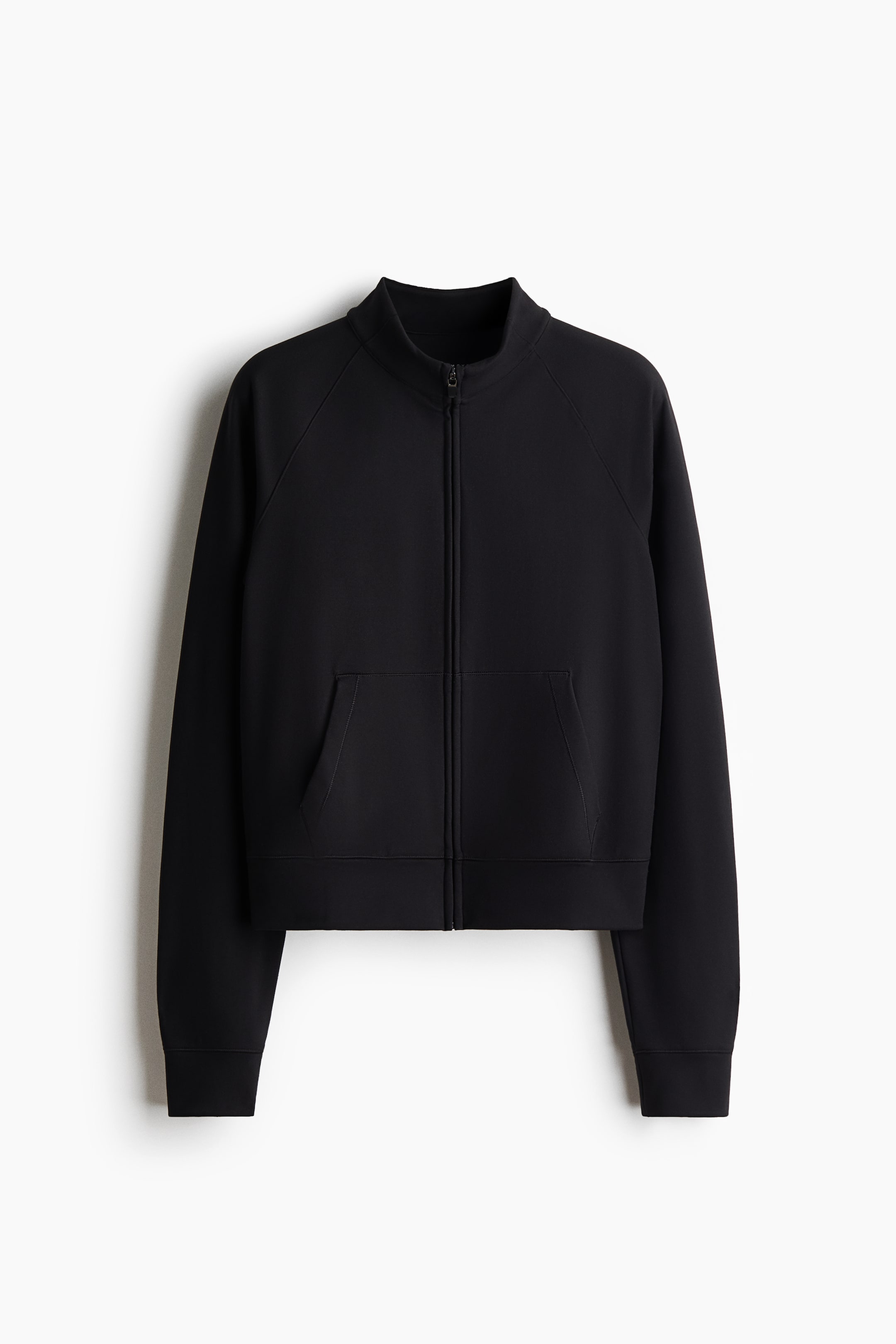 View larger image: A black zip-up sweatshirt is shown from the front, featuring a high mock collar, a full-length front zipper, and long raglan sleeves with ribbed cuffs. The sweatshirt showcases a split kangaroo pocket and a ribbed hem.