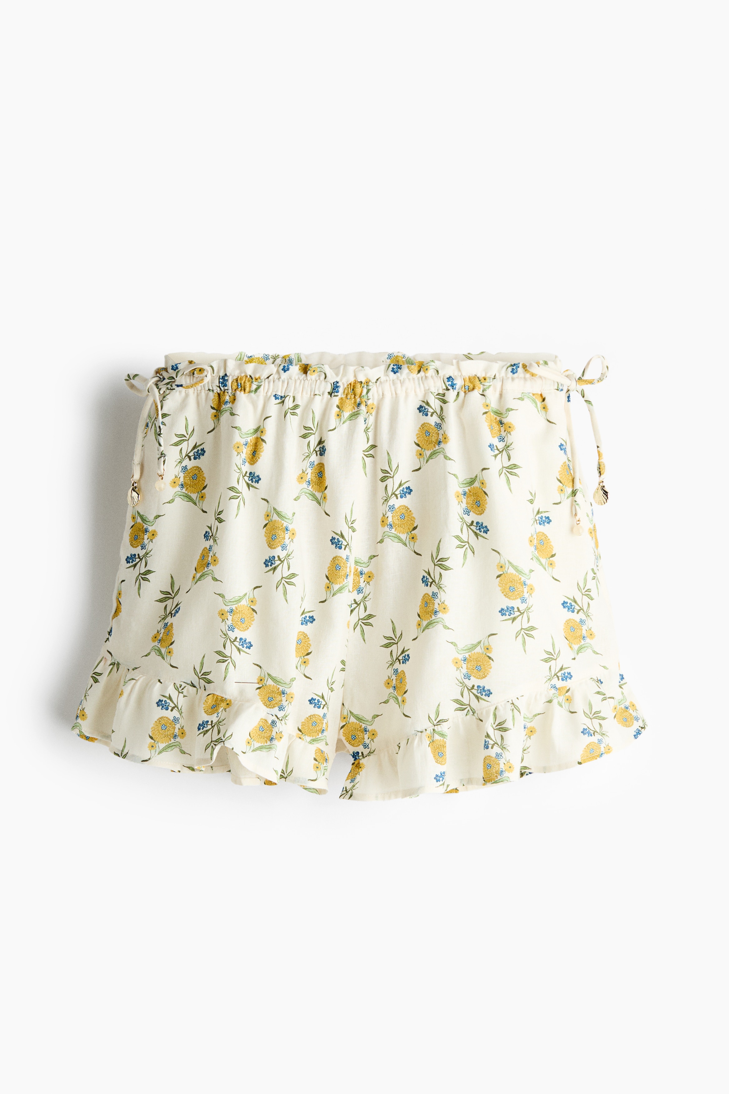 Linen-blend drawstring shorts - Cream/Yellow floral/Dark brown/Polka dot