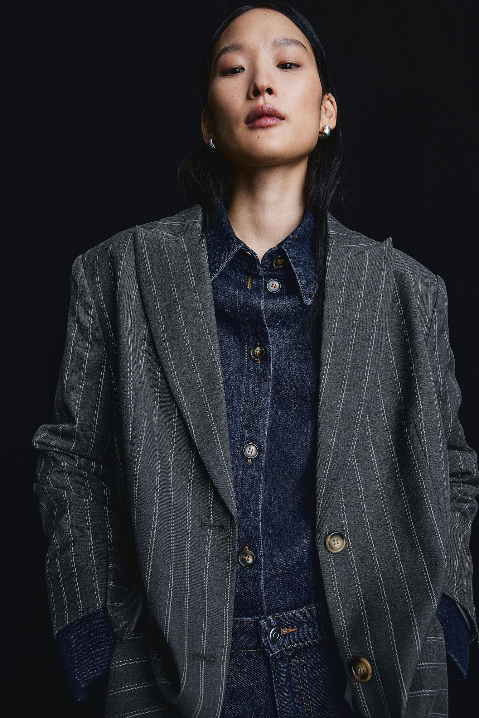 Oversized Twill Blazer - Dark grey/Pinstripe - 1