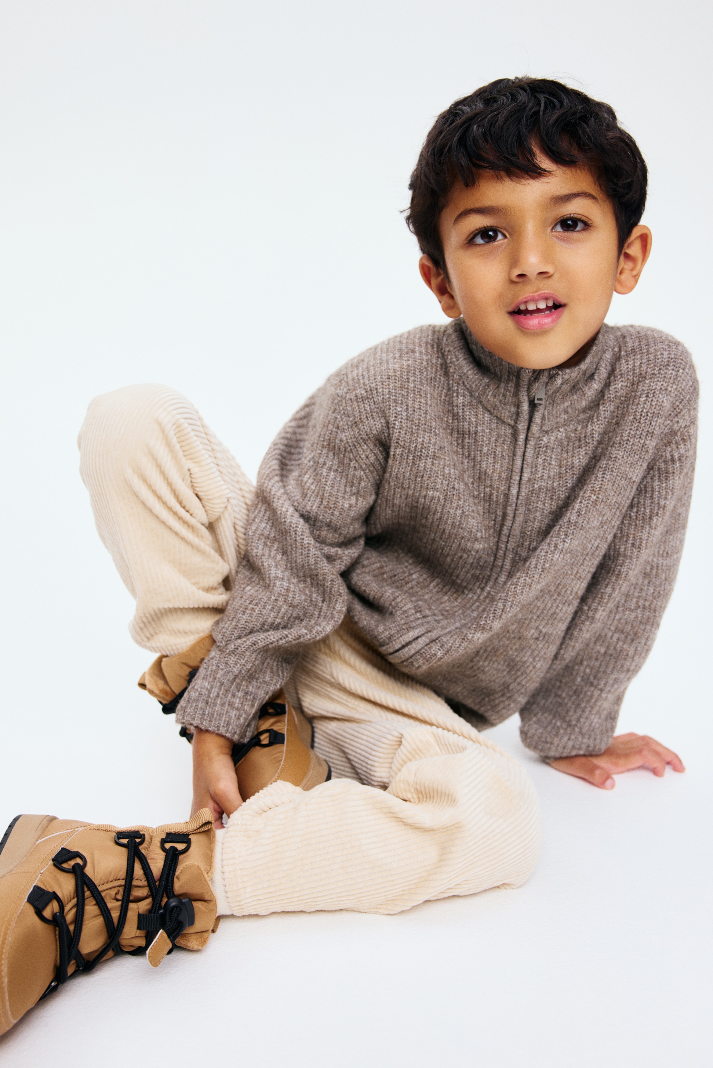 H & M - リブニット ジップカーディガン - ベージュ