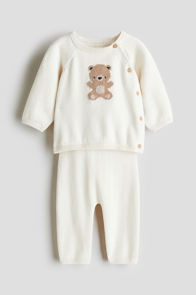 2-piece Cotton Knit Set - White/Teddy bear/Light beige/Dot/Cream/Light green - 1