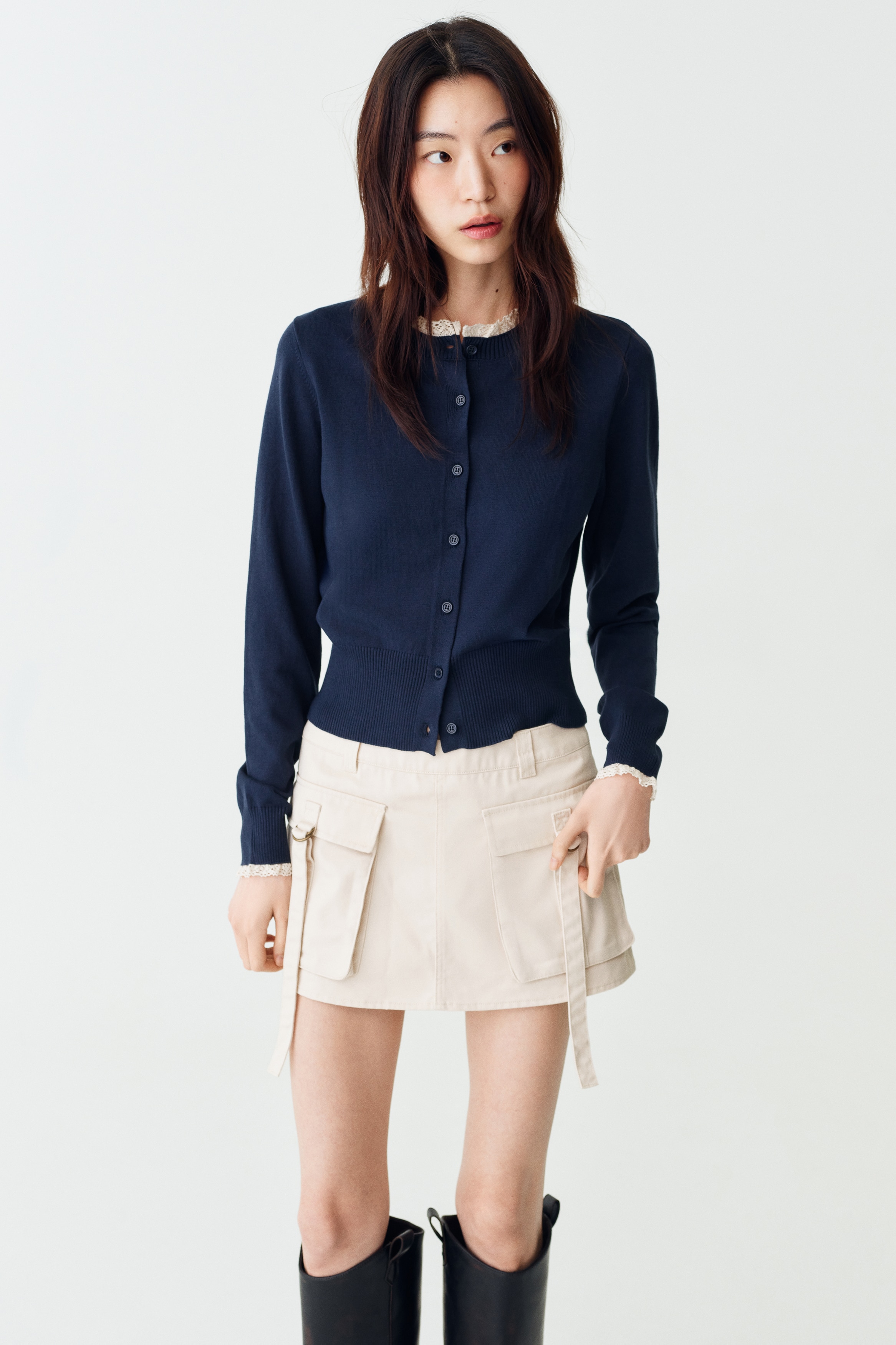 Áo cardigan dệt kim mịn viền ren - Màu xanh dương đậm/Màu be nhạt/Màu xám đốm