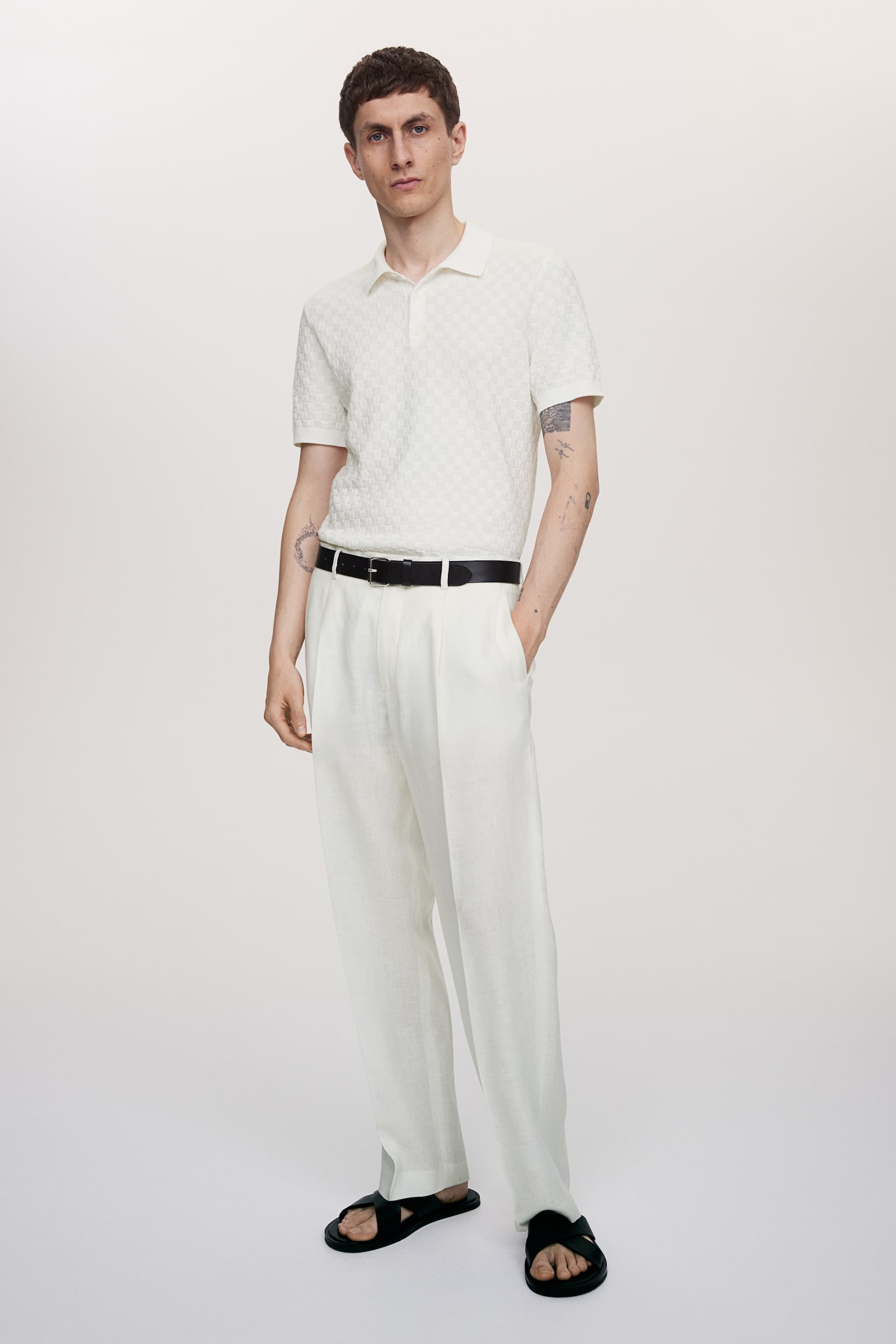 Slim Fit Textured-knit polo shirt - White - 1