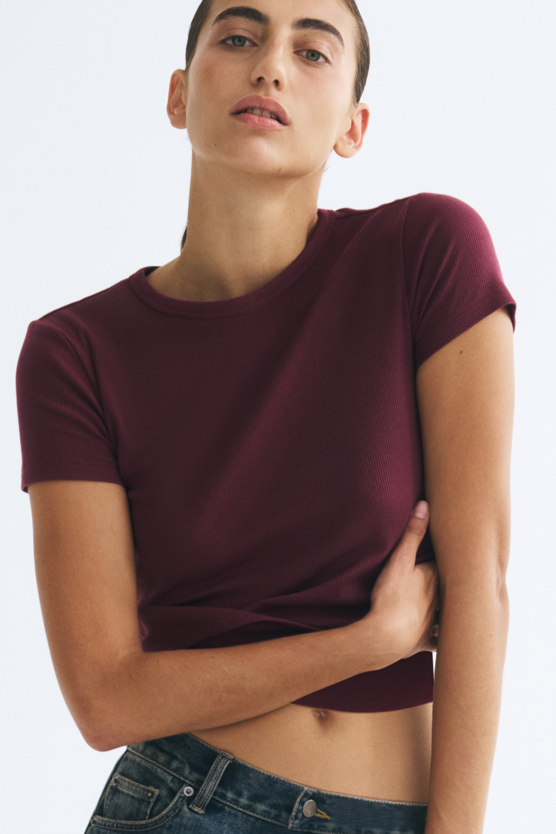Ribbed T-shirt - Burgundy/Grey marl/Navy blue/Dark grey/Black/Dusty purple/White/White/Striped/Light turquoise/Dark grey/Dark mole/Grey marl