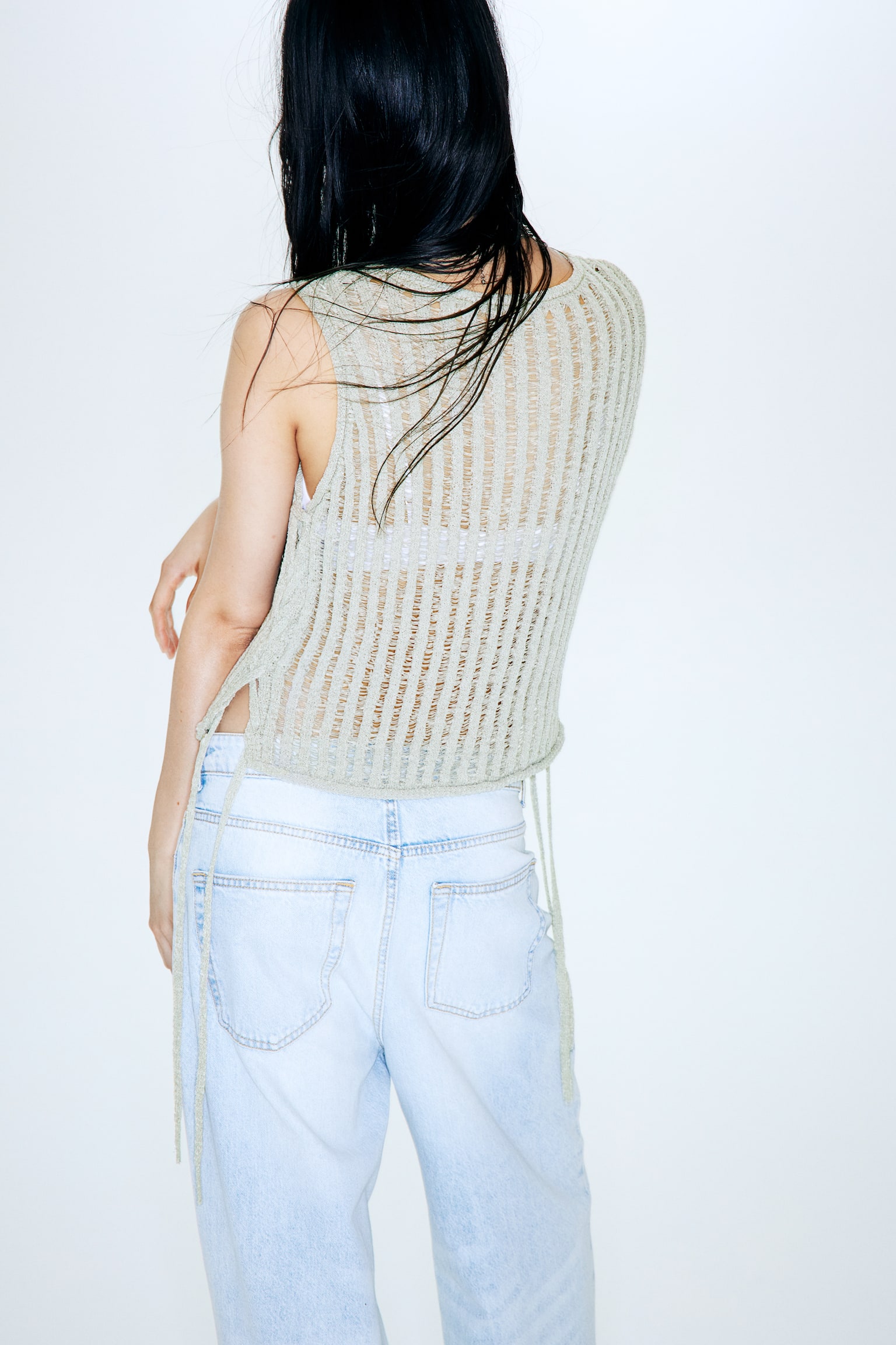 Ladder-stitch-look knitted vest top - Light khaki green/Light beige/Cream - 4