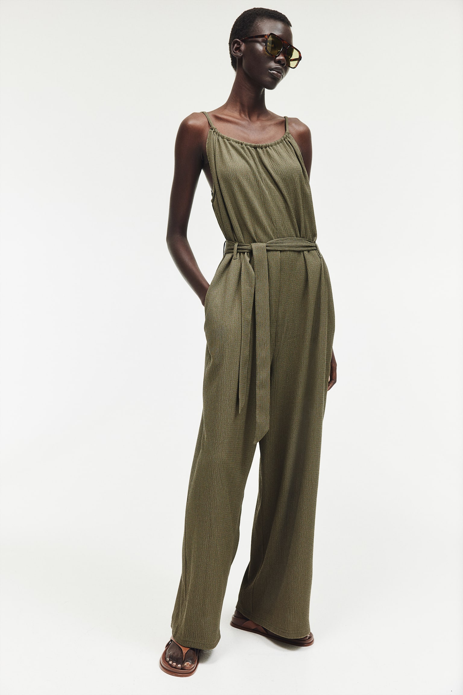 Tie-belt jumpsuit - Dark khaki green - 3