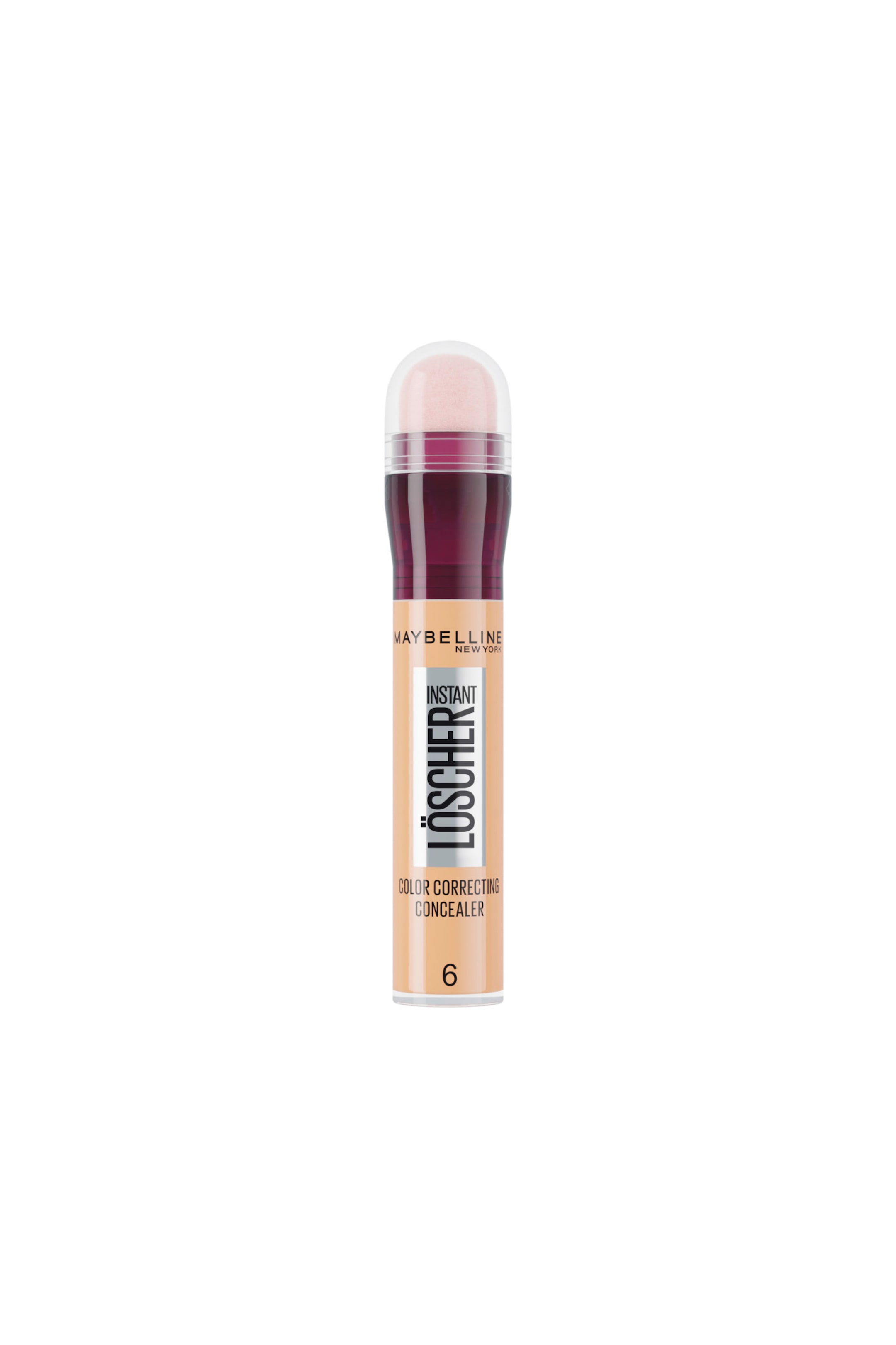 Größeres Bild ansehen: Ein Maybelline Instant Löscher Color Correcting Concealer in der Nuance 6 steht aufrecht und zeigt mit der Vorderseite sein zylindrisches Design. Die Tube präsentiert eine beige flüssige Formulierung mit schwarzem Markenaufdruck, einen durchscheinenden lilafarbenen Drehkragen und einen abgerundeten, kuppelförmigen Schwammapplikator, der unter einer transparenten Kappe geschützt ist.