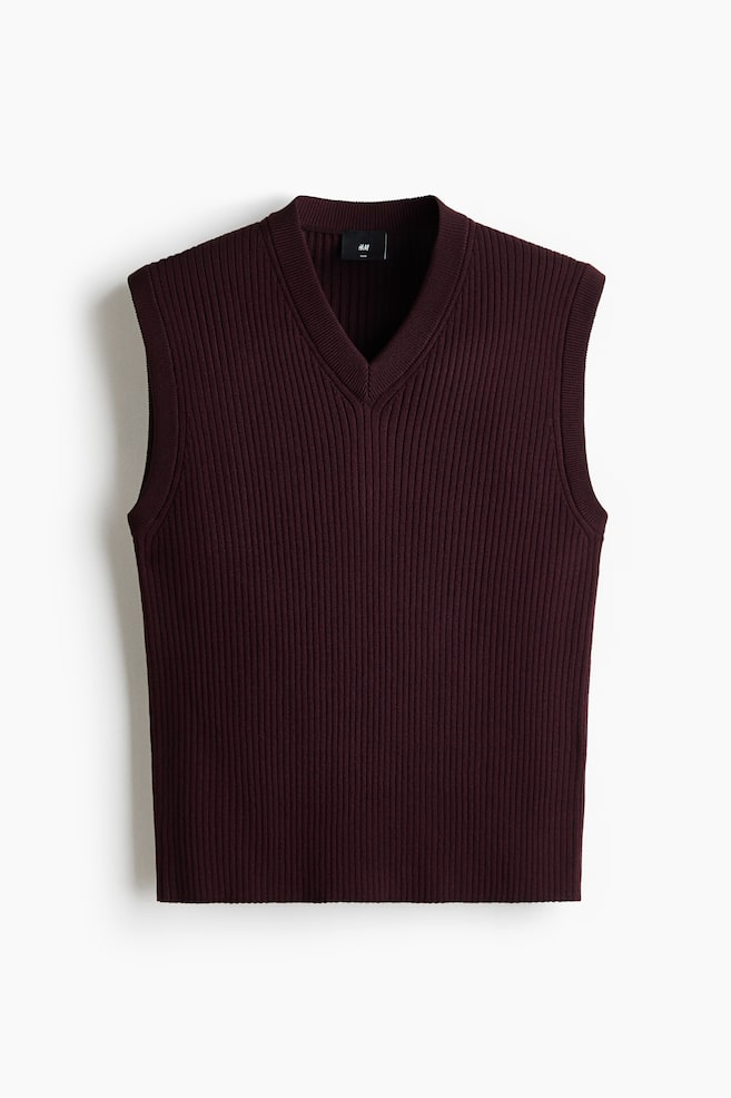 Gilet in maglia a costine Slim Fit - Viola prugna/Beige chiaro - 1
