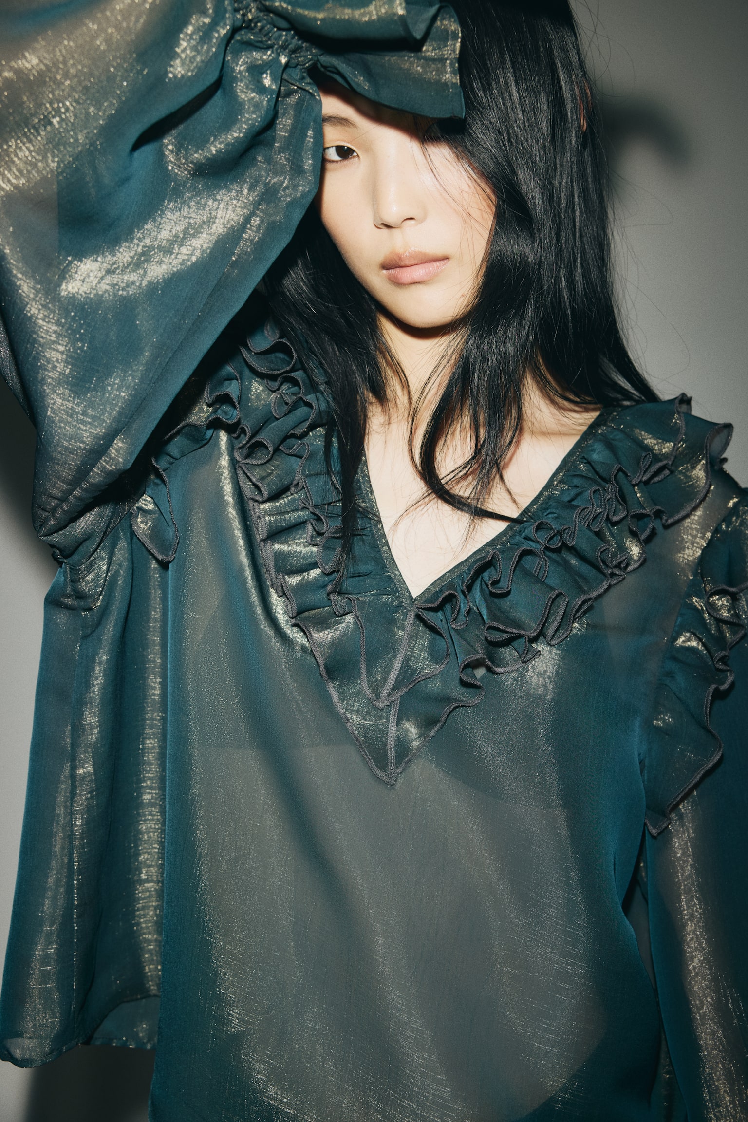 Frill-trimmed blouse - Σκούρο λαδί - 7