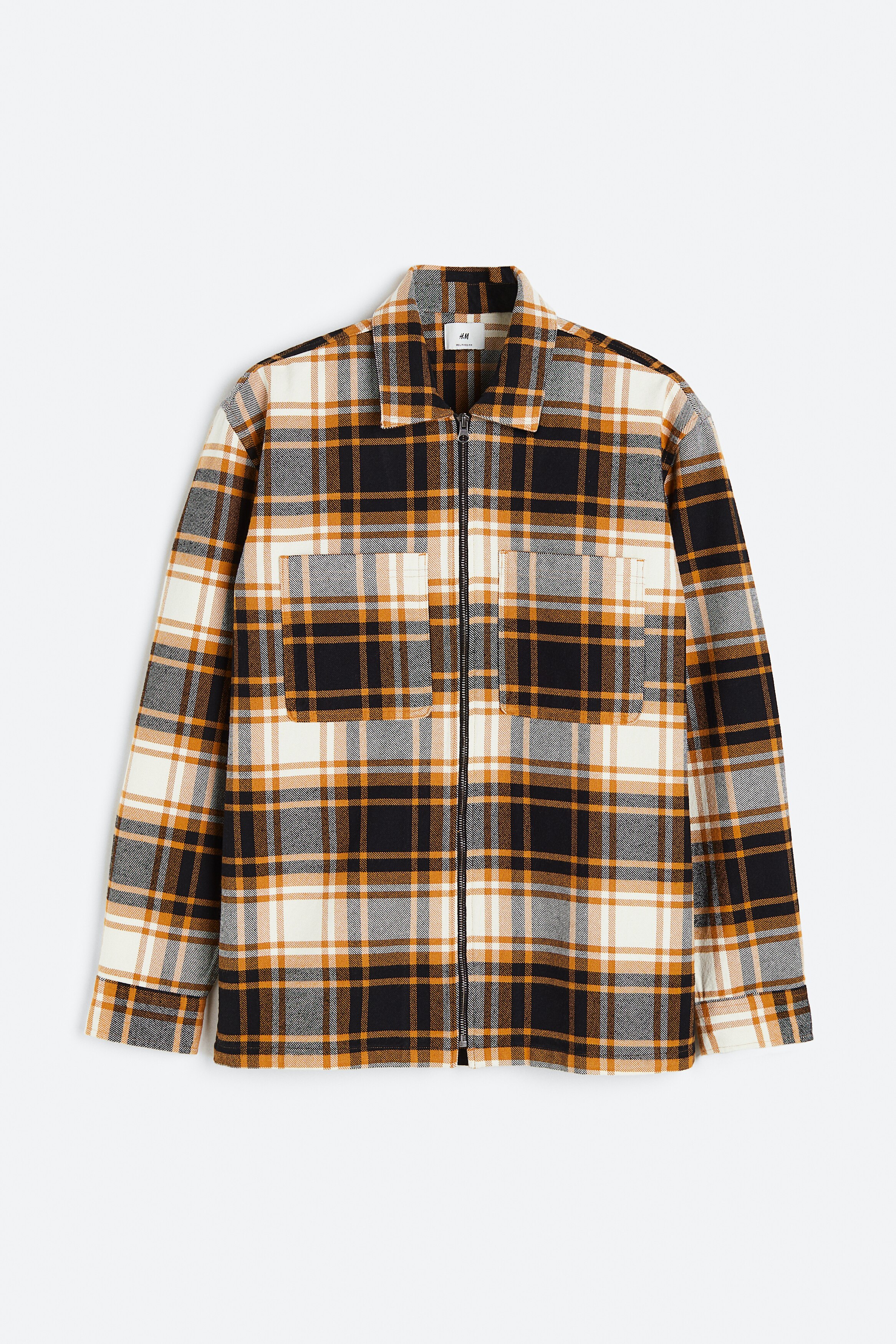Relaxed Fit Zip-through overshirt - Orange/Black checked - Men | H\u0026M SG
