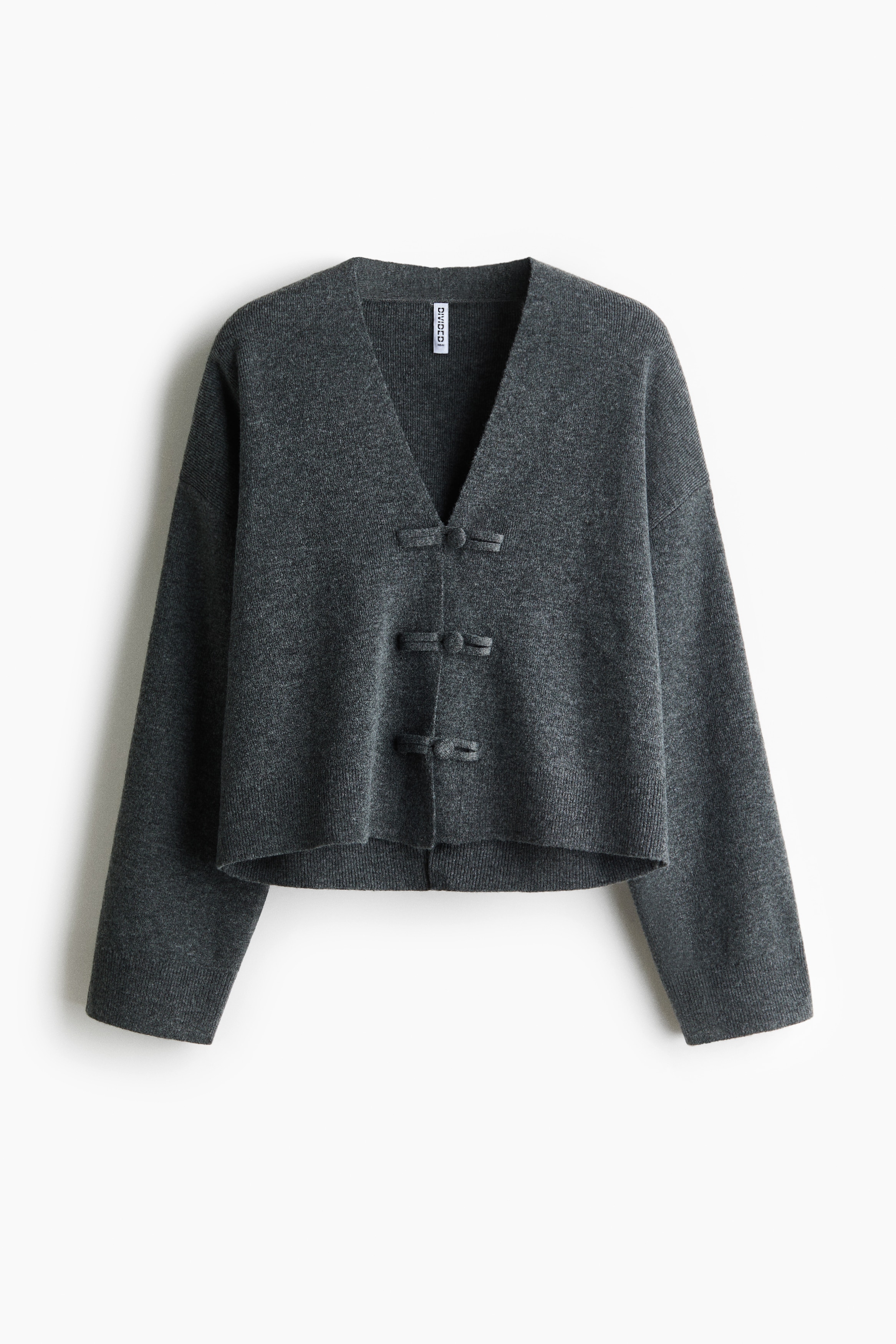 Cárdigan de cuello en V con botones de nudo - Gris jaspeado oscuro/Blanco