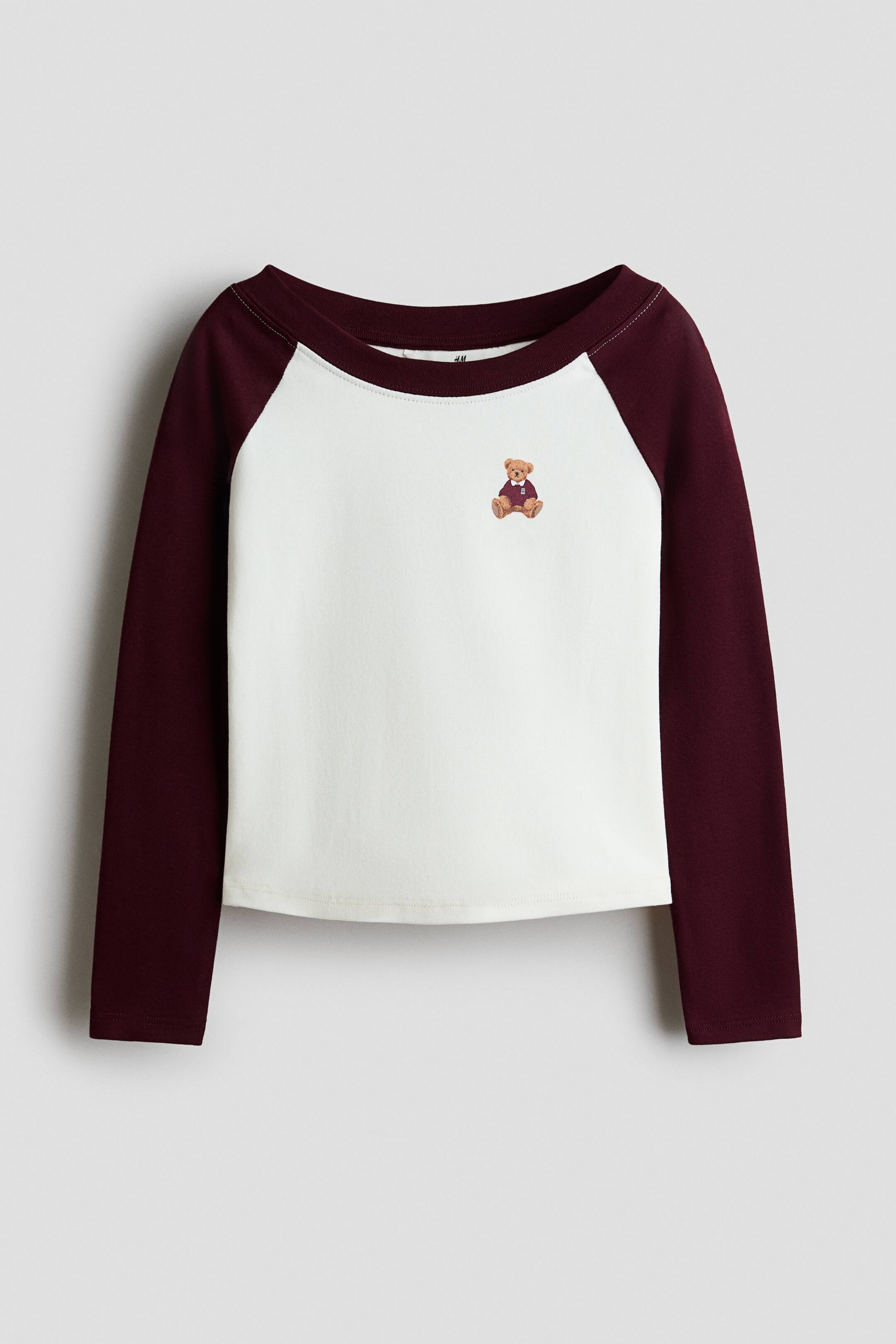 View larger image: Print-motif long-sleeved T-shirt - Dark plum red/Teddy bear - Kids | H&M 1