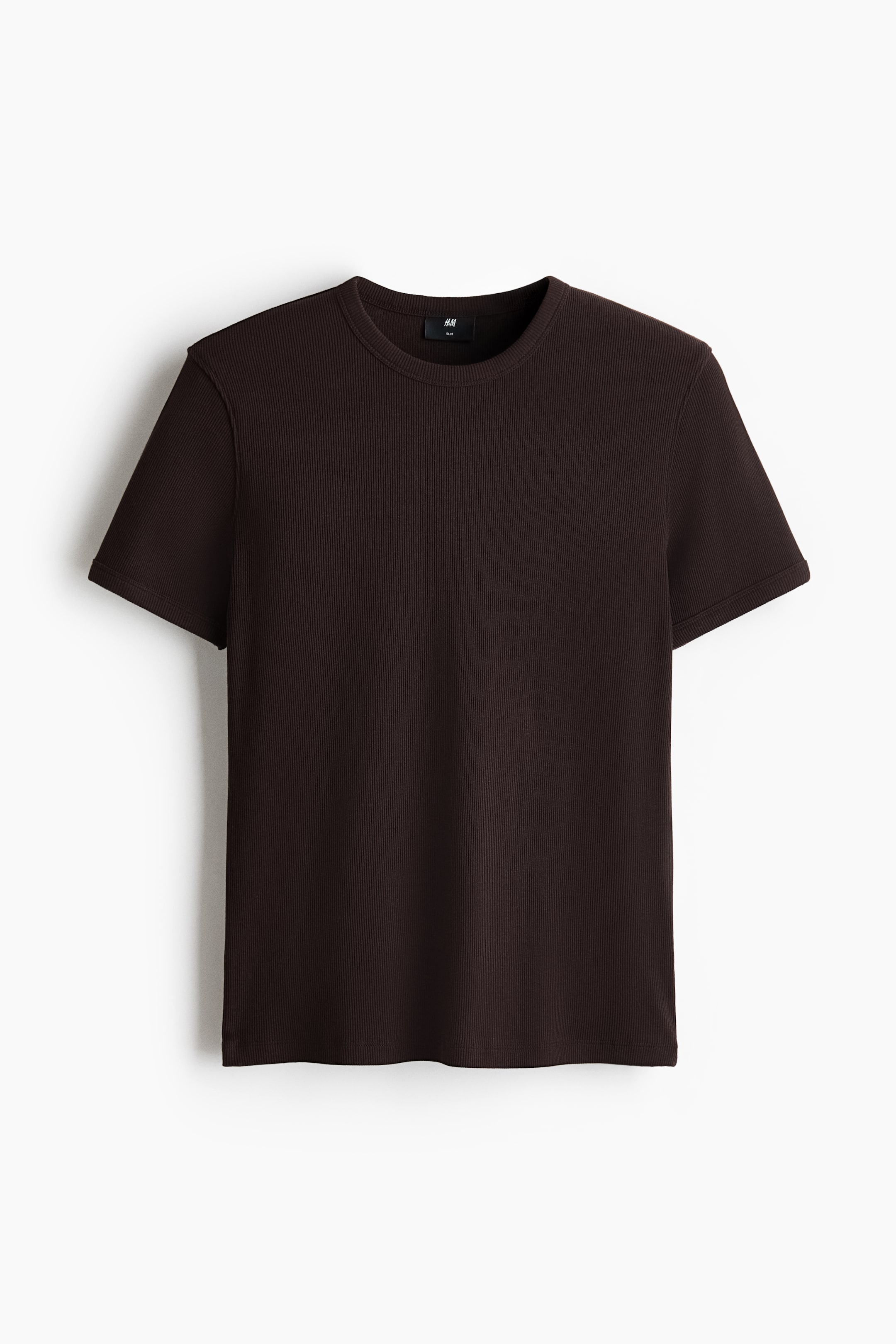 View larger image: A dark brown T-shirt is showcasing its front, highlighting a ribbed cotton jersey texture. Crafted with a round neckline, short sleeves, and a straight-cut hem, it offers a slim-fit silhouette.