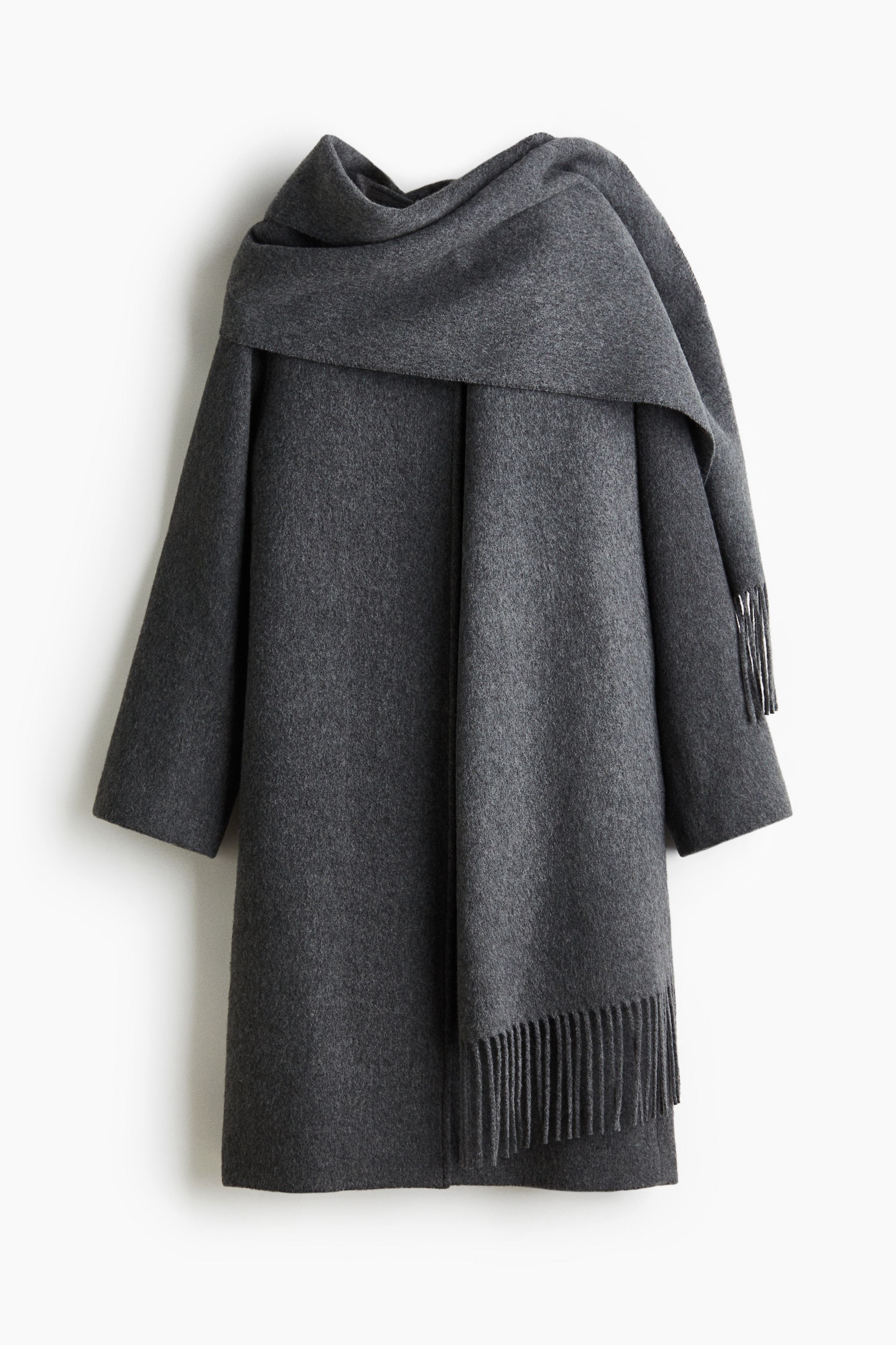 Manteau en laine mélangée avec écharpe - Gris foncé chiné