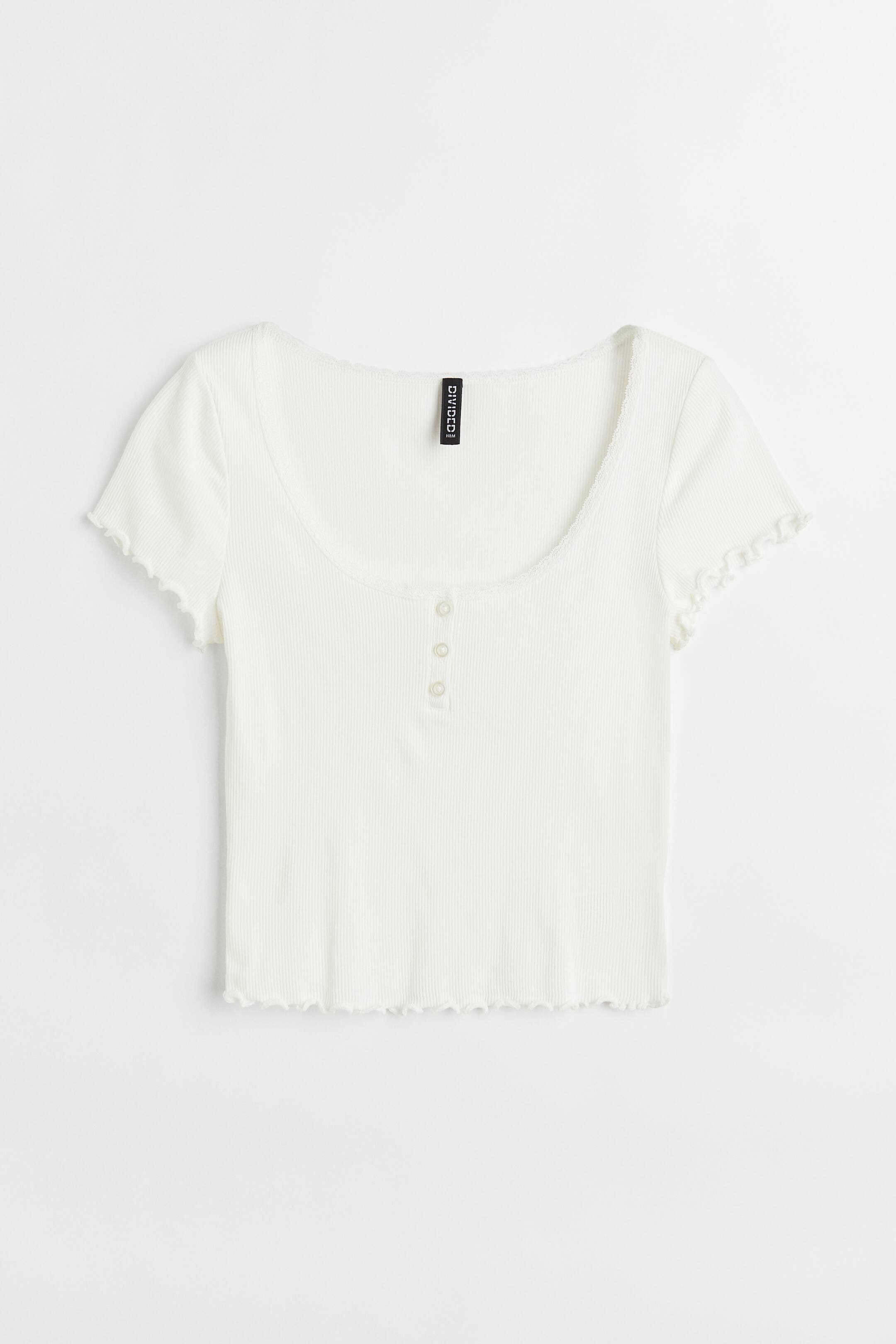 Xem ảnh lớn hơn: Áo thun gân nổi có nẹp khuy - Màu trắng - Ladies | H&M VN 1