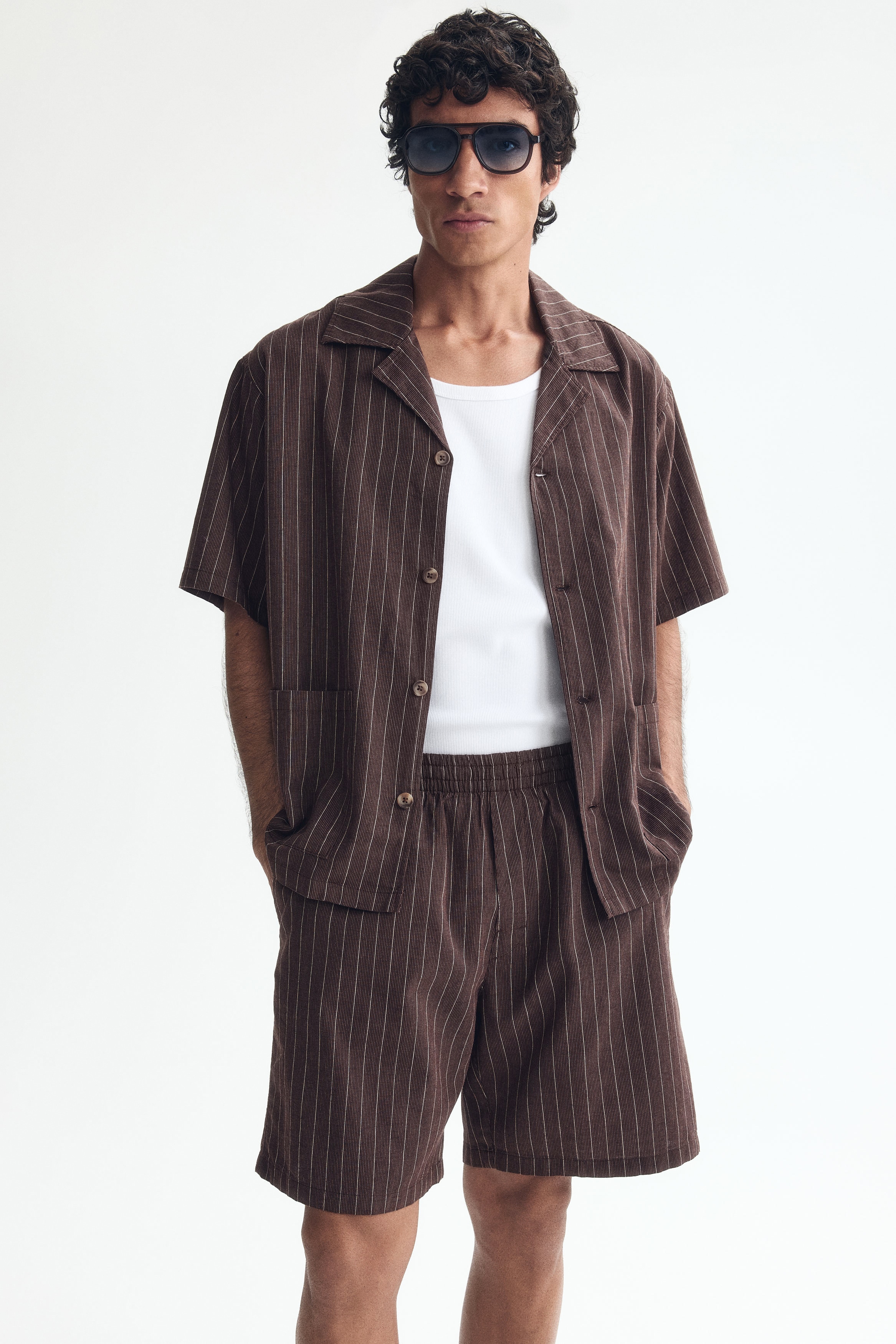 Ensemble chemise et short en lin mélangé - Brun foncé/blanc/Beige/rayé