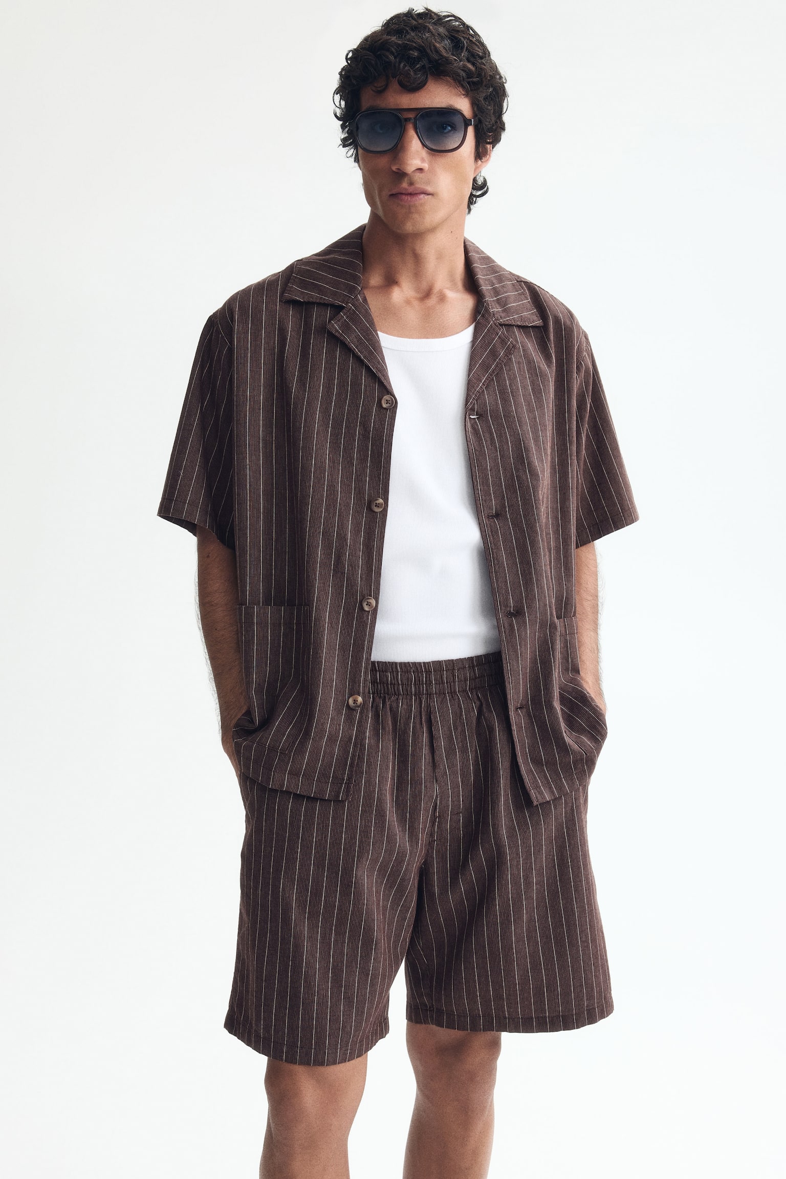 Linen-Blend Resort Shirt and Shorts Set - Dark brown/white/Beige/striped - 1