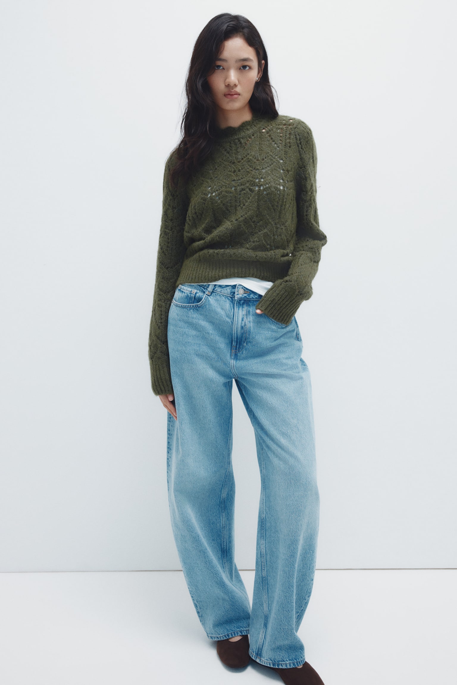 Pointelle-knit jumper - Dark green/Light grey/Light green - 3