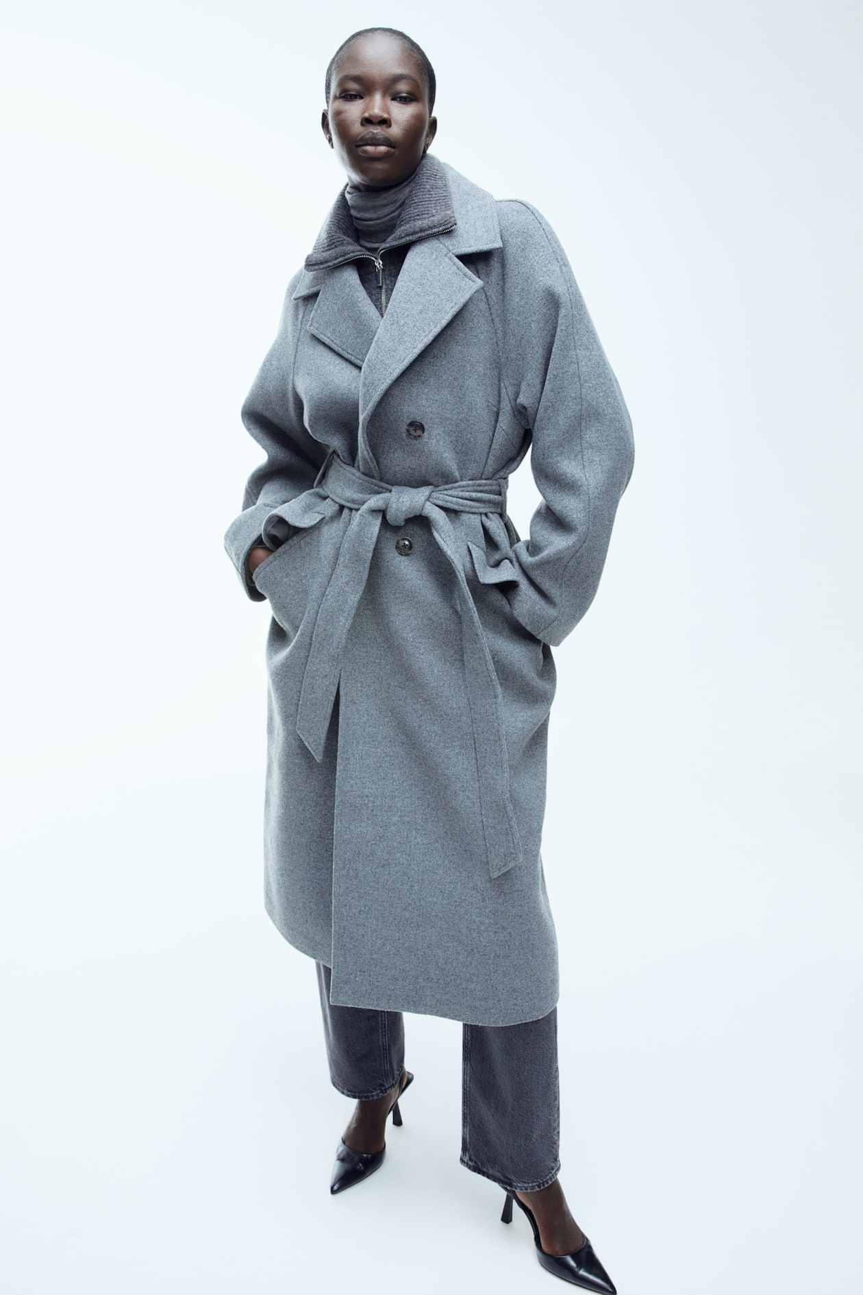 Tie-belt coat - Long sleeve - Long - Grey - Ladies | H&M GB