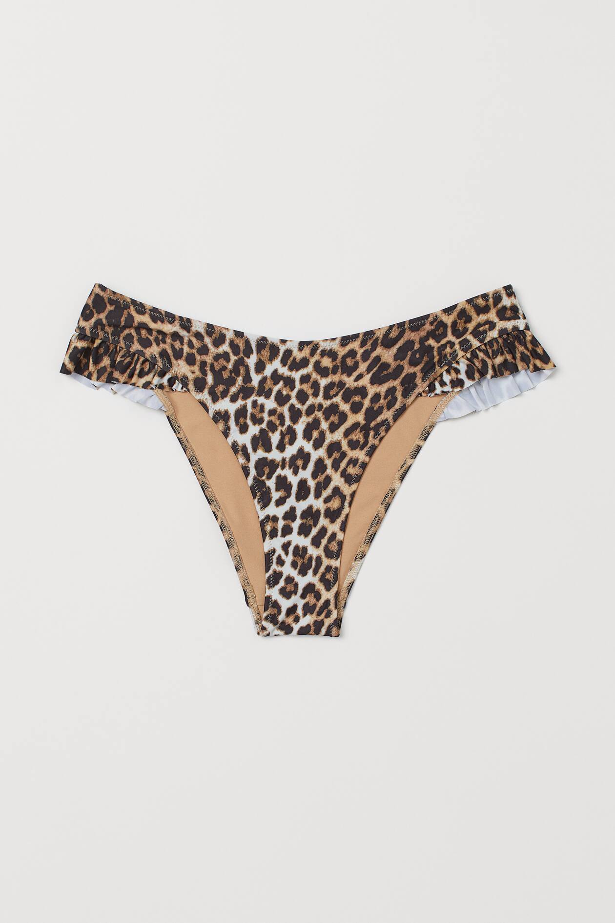 Flounce-trimmed Bikini Bottoms - Low waist - Brown/leopard print ...