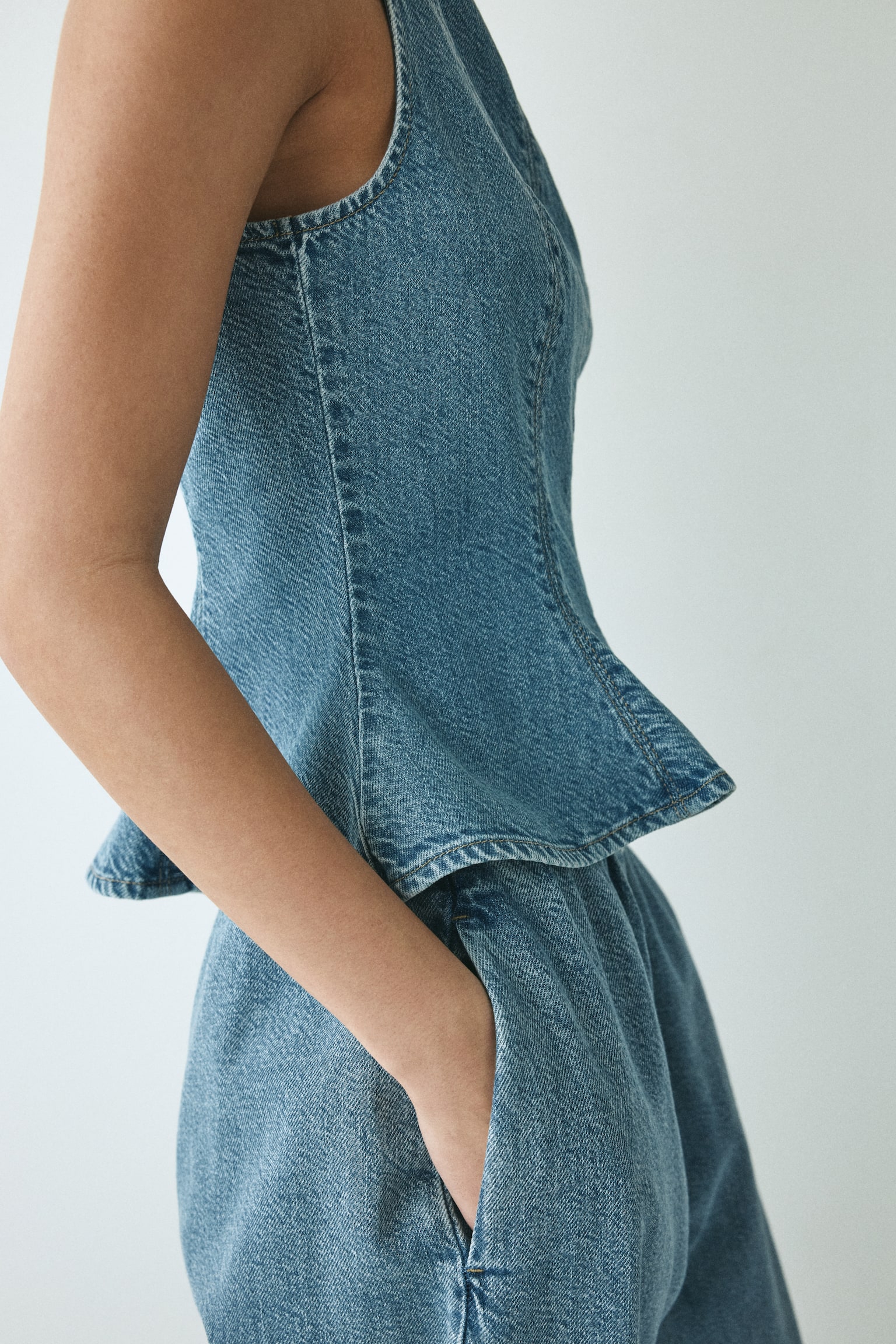 Denim peplum top - Denim blue/Light beige - 4