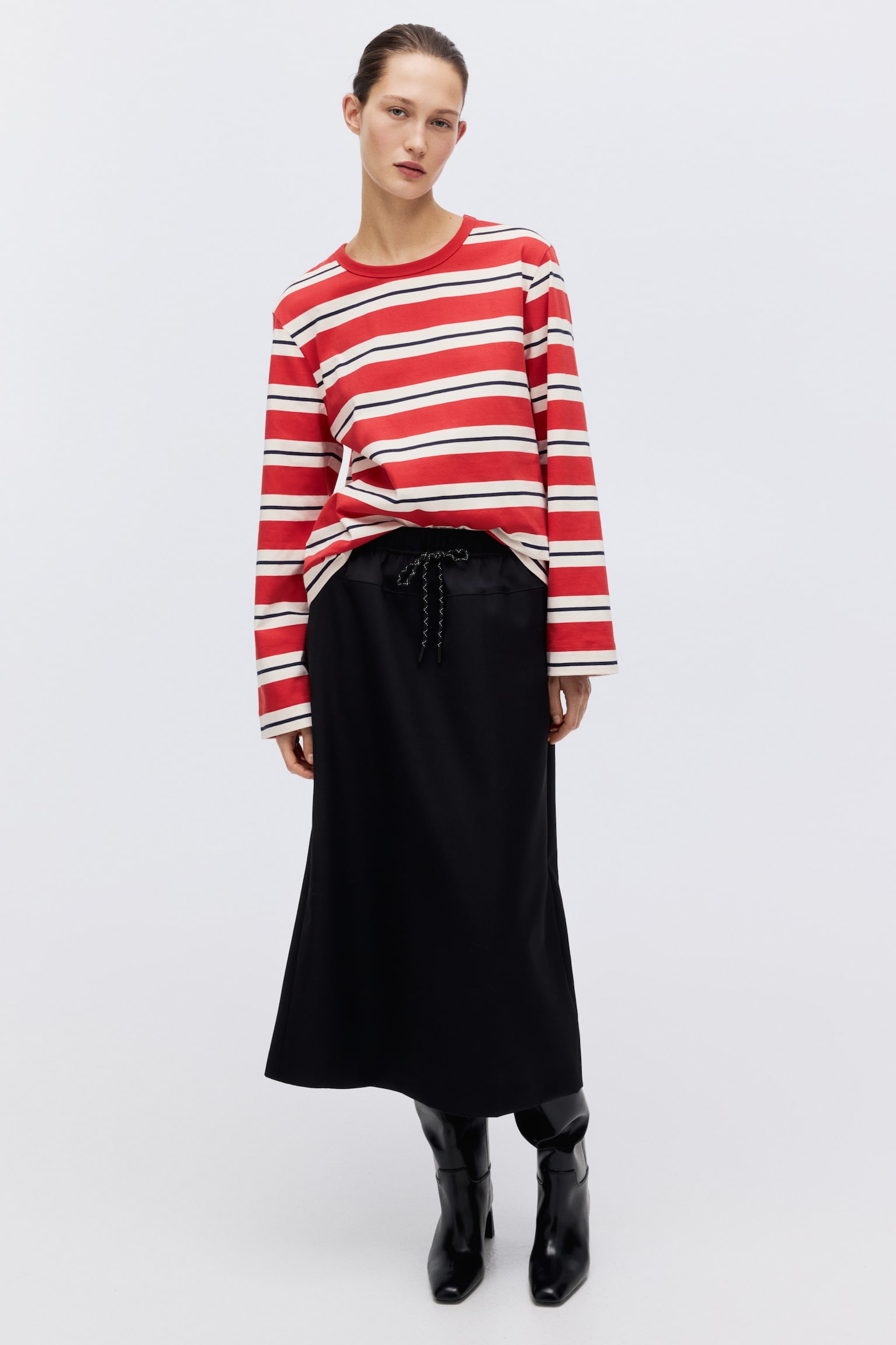 Pamuklu ve Uzun Kollu Tişört - Kırmızı/Çizgili/Beyaz/Lacivert çizgili - 7