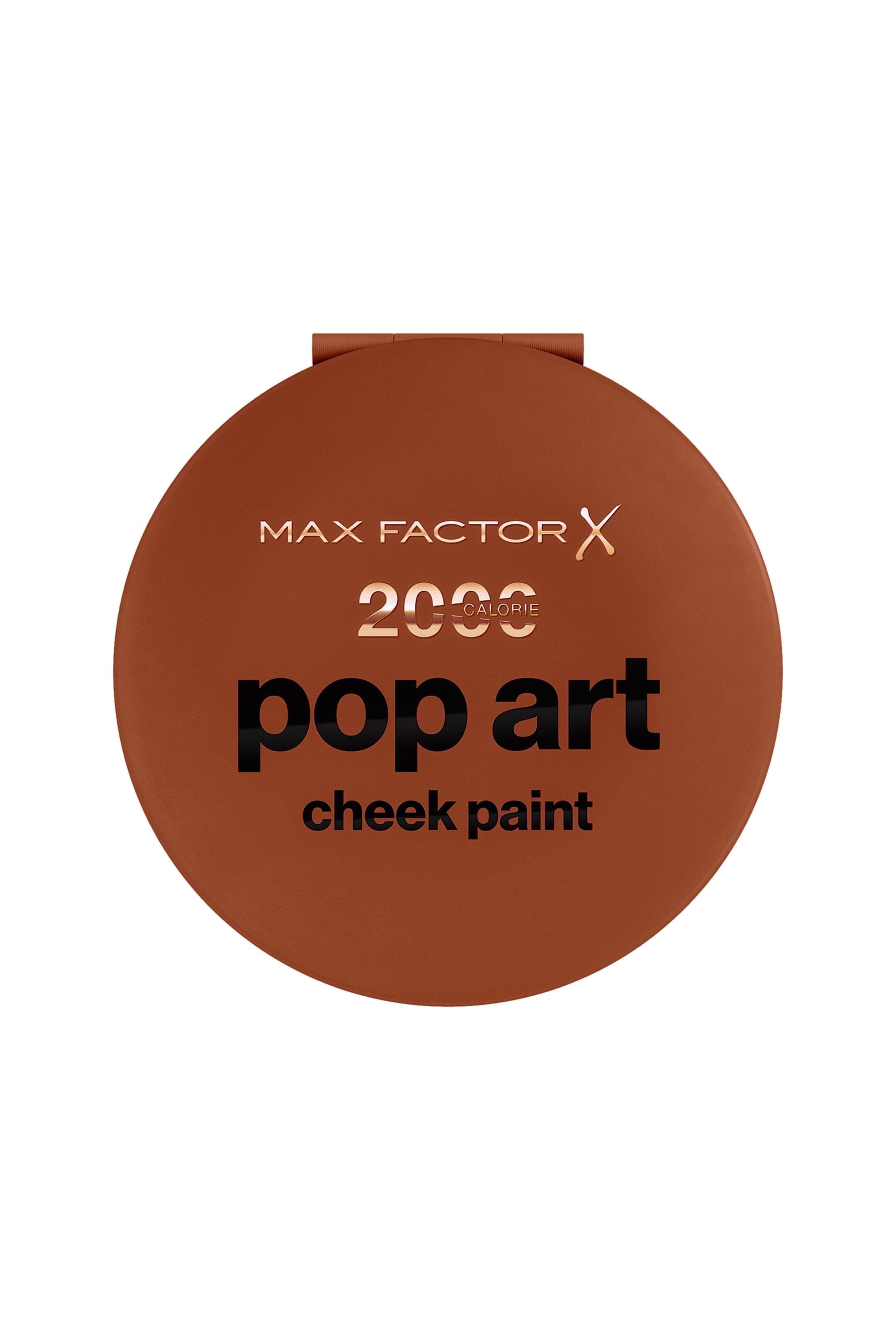 Visa större bild: En rund, terrakottafärgad kosmetikaförpackning med guldfärgad text "MAX FACTOR X" och "2000 CALORIE", samt svart text "pop art cheek paint" på locket.