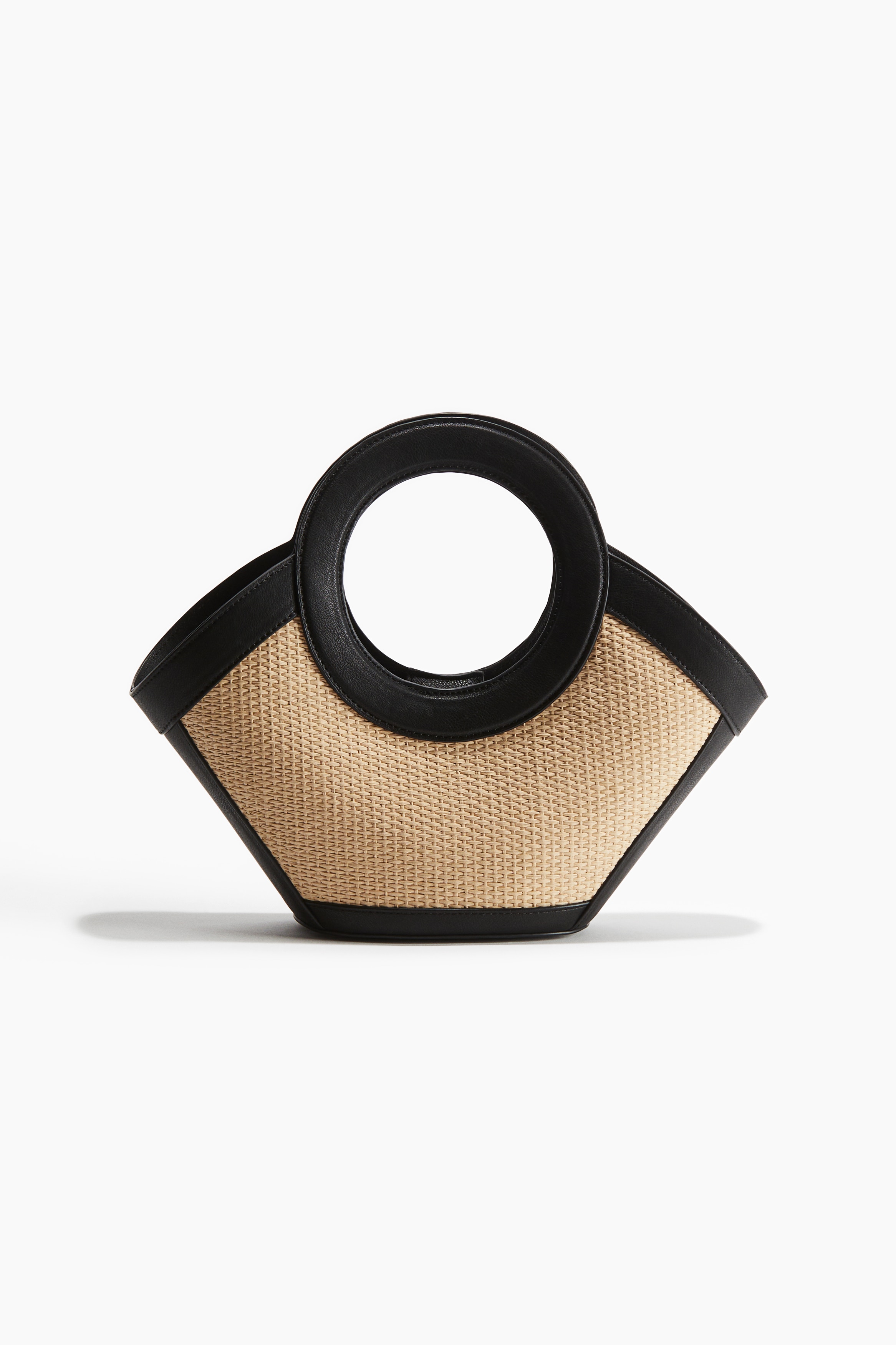 Kaplamalı Kumaş Detaylı Hasır El Çantası - Bej/Siyah